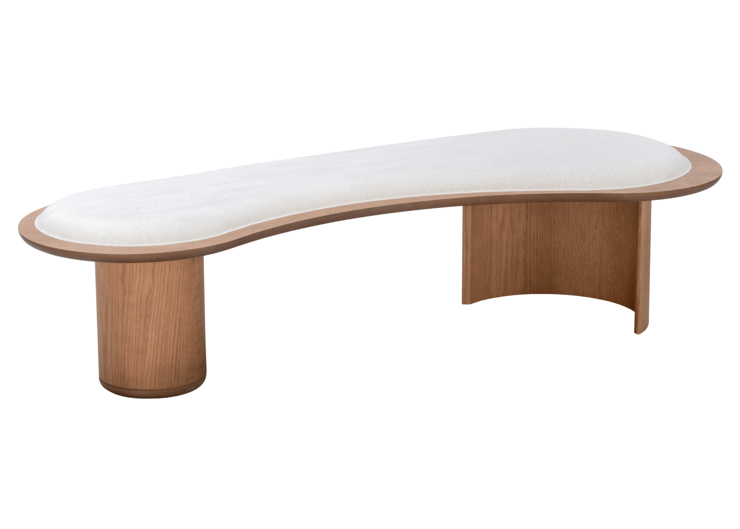 Banco modelo Royal com formato orgânico e base em carvalho natural. Peça elegante e fluida, ideal para composições refinadas, apresentada sobre fundo neutro.