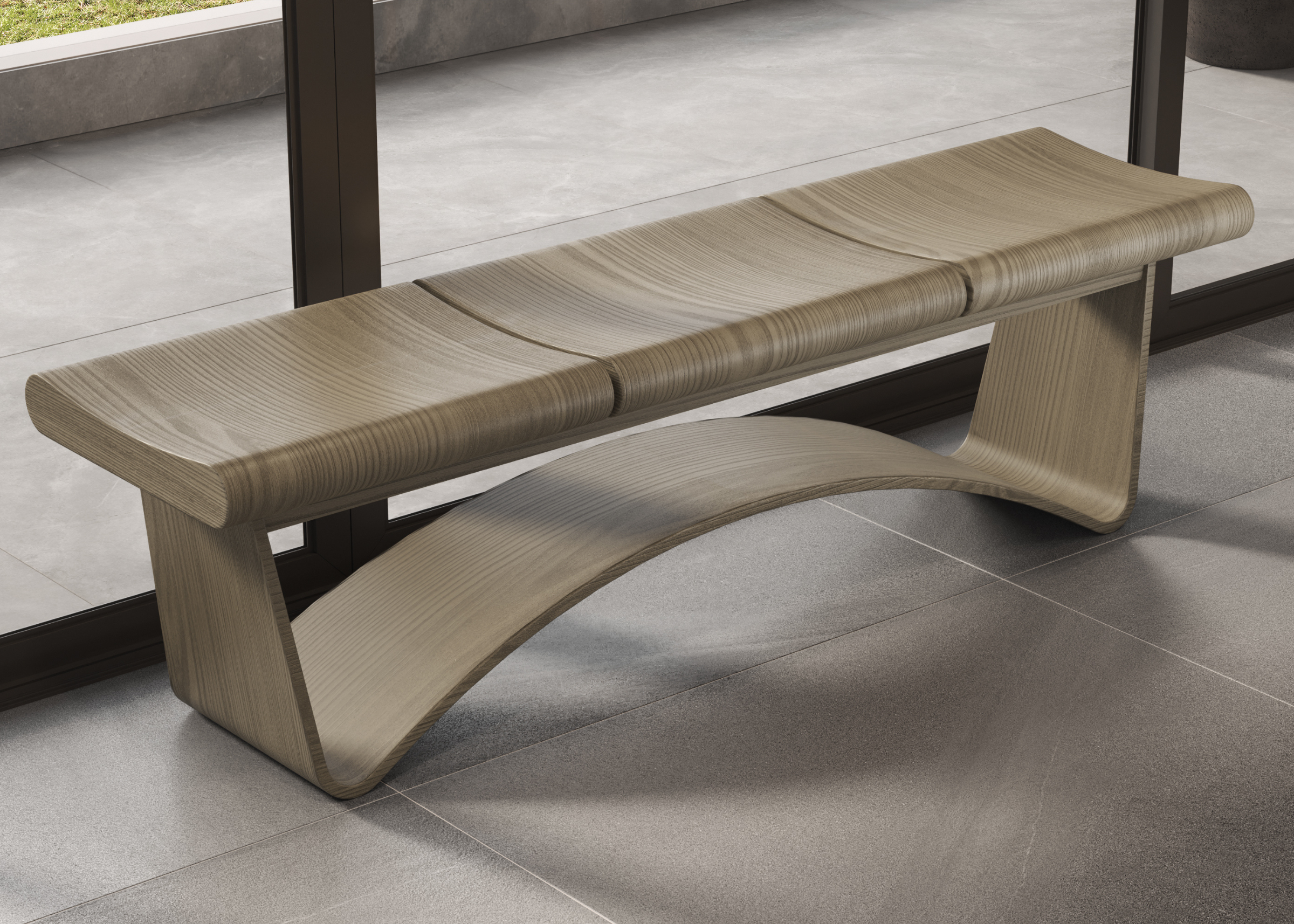 Banco Sit com acabamento em lâmina de carvalho, design contemporâneo ideal para salas de estar modernas.
