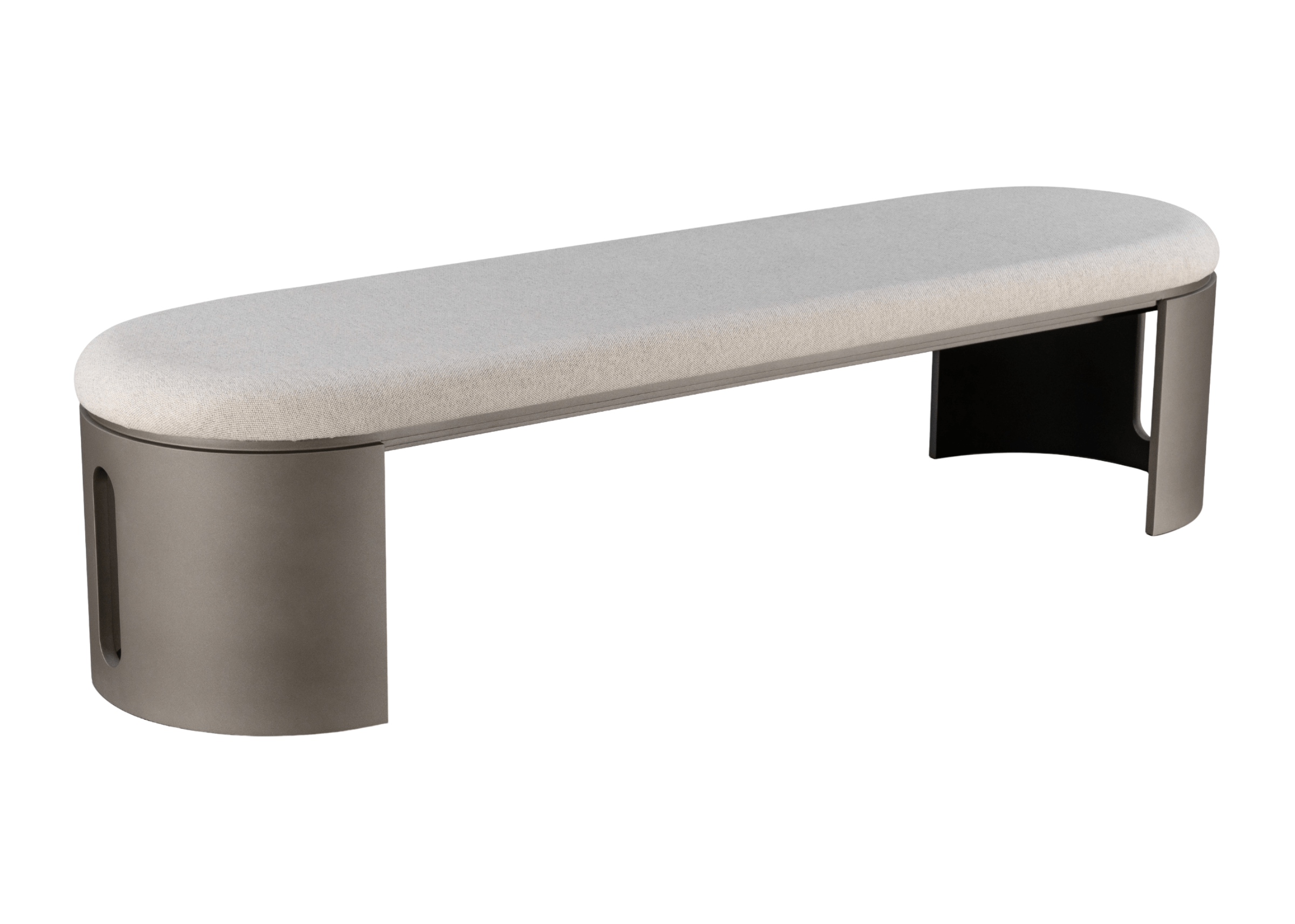 Banco de três lugares em bouclé off-white com base em laca champagne. Estilo contemporâneo e aconchegante para halls, quartos ou áreas sociais.
