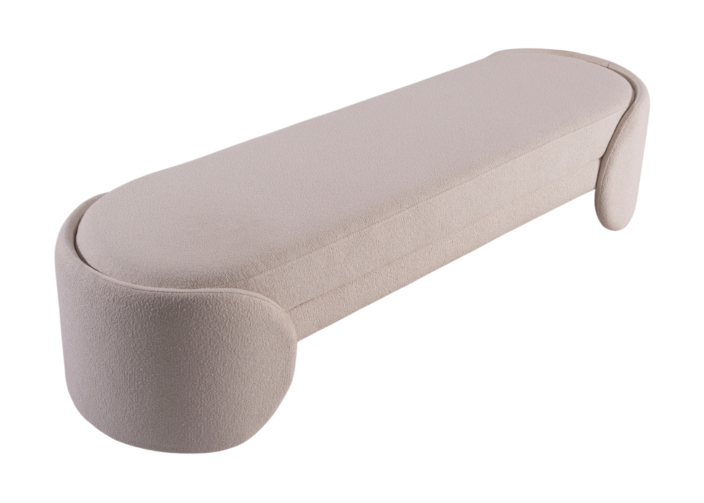 Banco Tulipa com revestimento em bouclé off white e design moderno, ideal para compor ambientes contemporâneos e refinados.