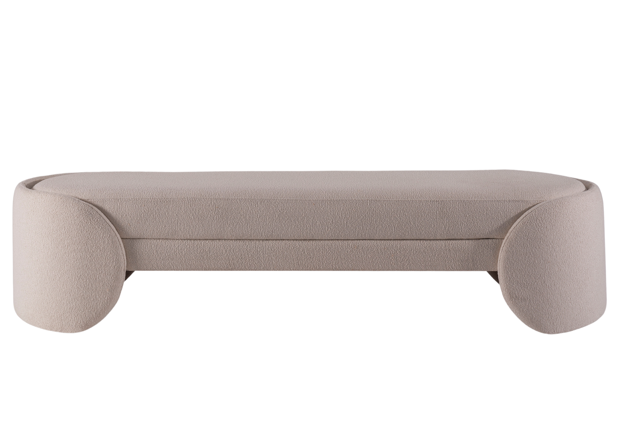 Banco Tulipa estofado em bouclé off white, apresentando design elegante e confortável para ambientes modernos.