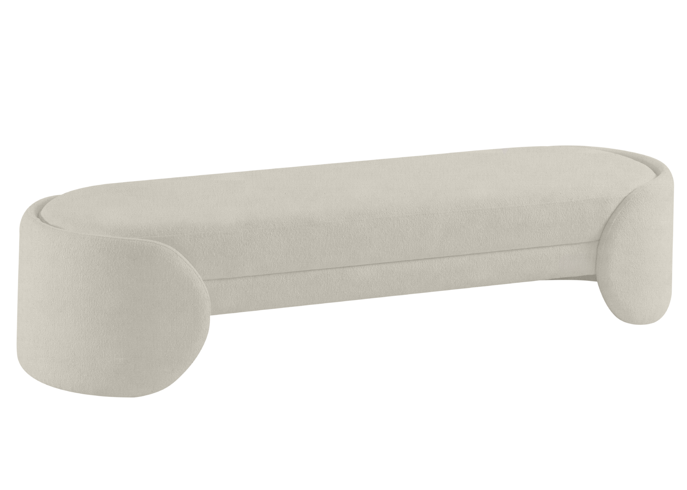 Banco Tulipa totalmente revestido em bouclé branco, apresentando design elegante e contemporâneo, ideal para compor ambientes sofisticados.