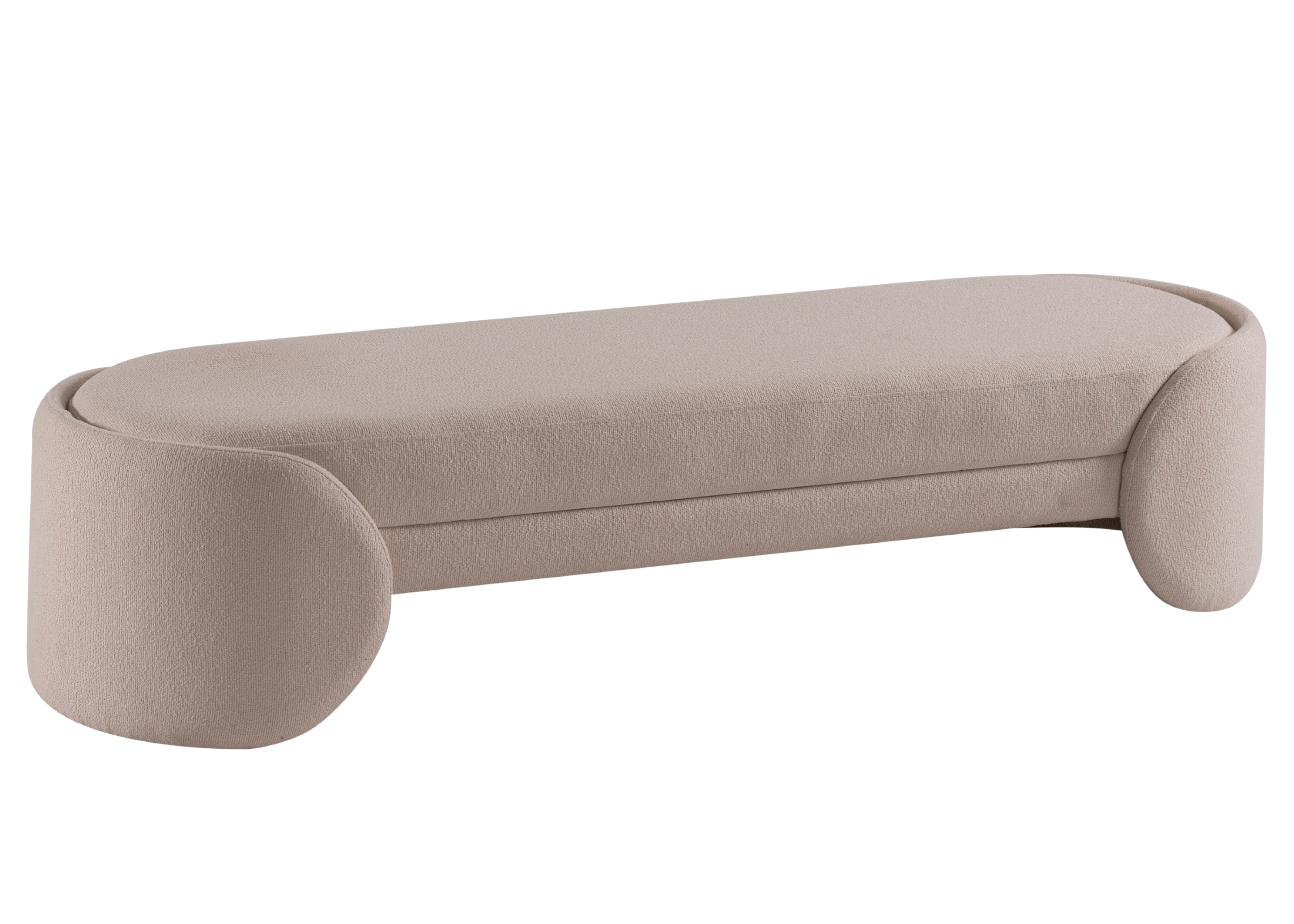 Banco Tulipa totalmente revestido em bouclé off white, apresentando design moderno e sofisticado, ideal para compor ambientes elegantes e acolhedores.