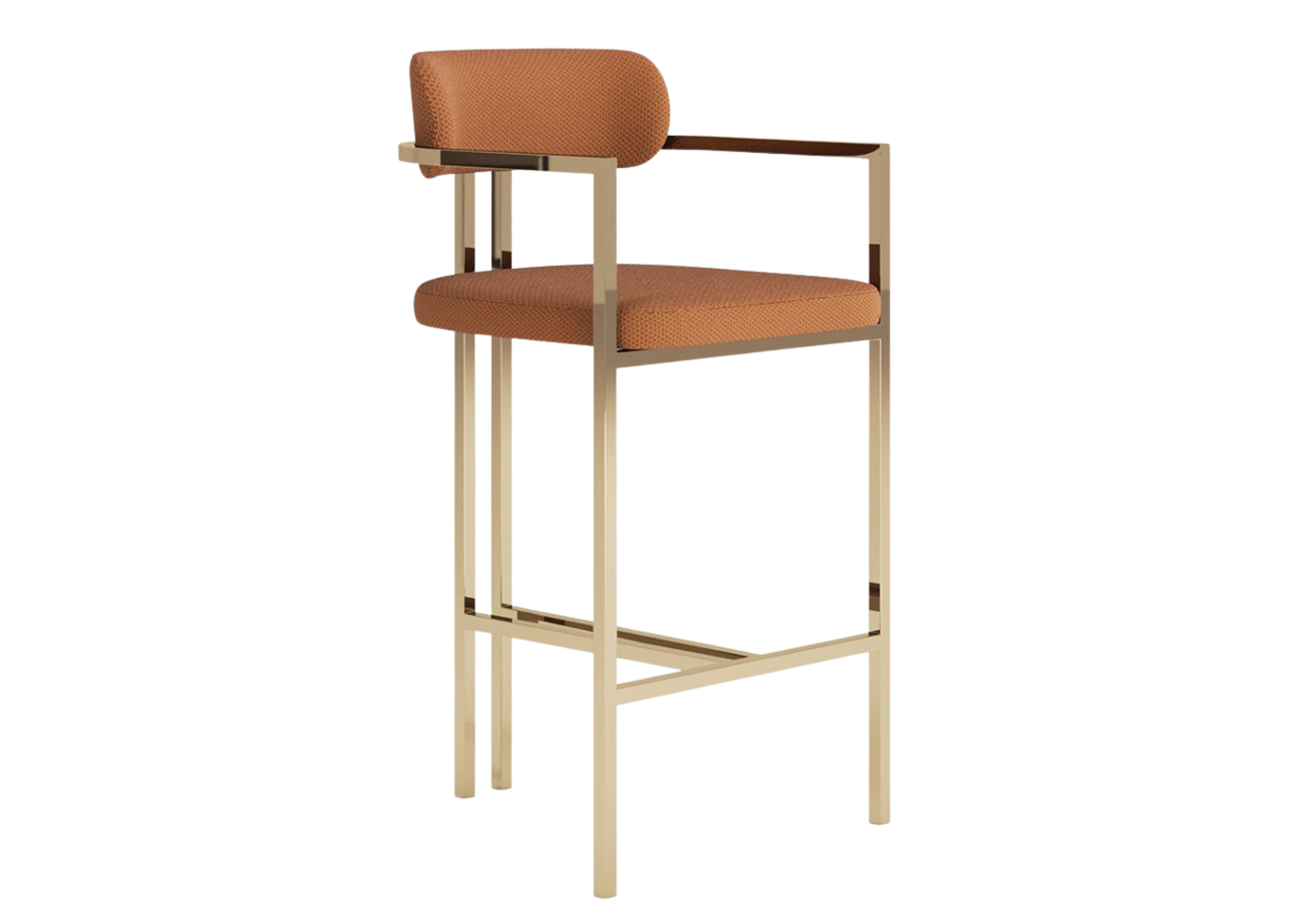 Banqueta alta para bancadas, com estrutura em inox 304 dourado e costas vazadas, design sofisticado e moderno para ambientes contemporâneos.
