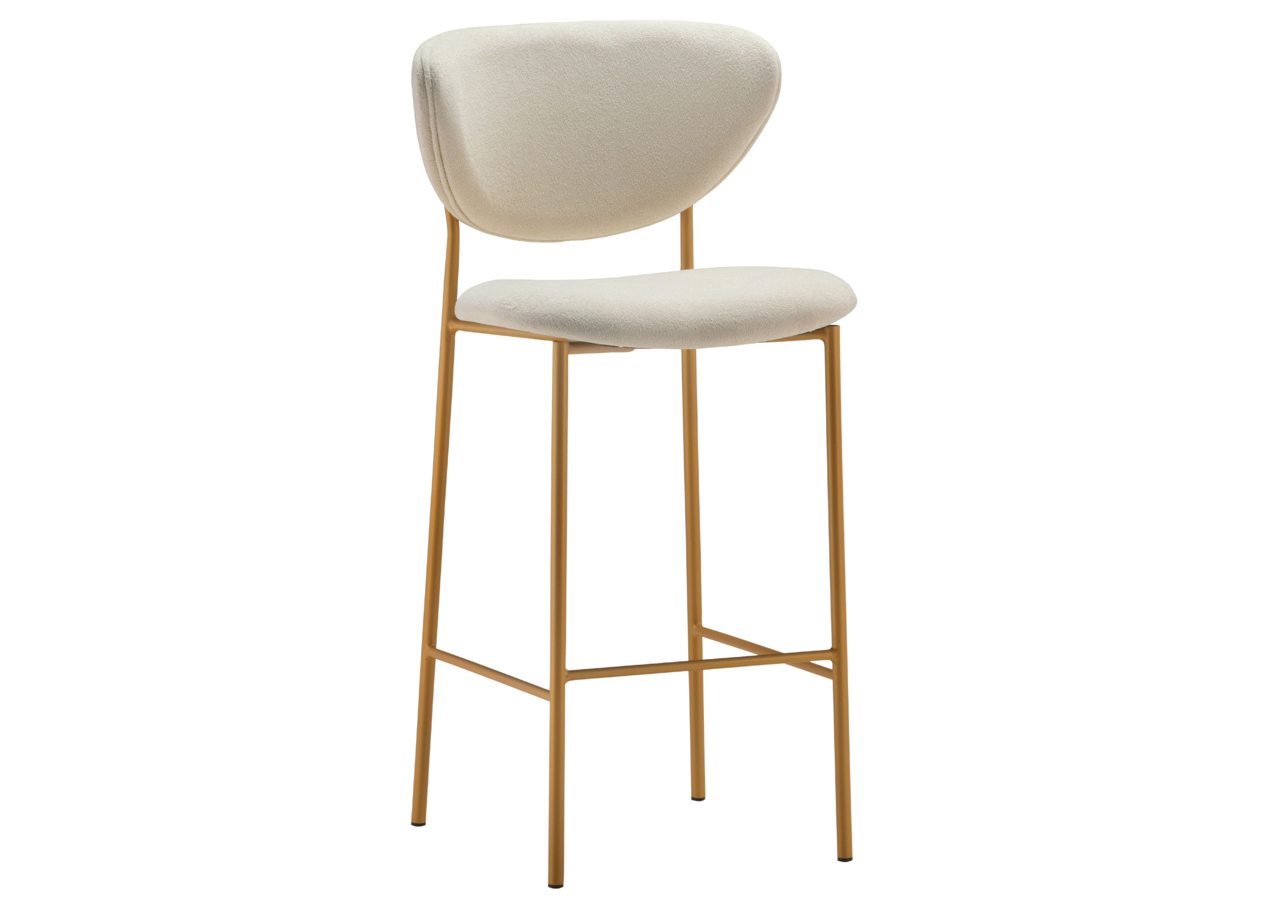 Banqueta Anello revestida em tecido bouclé off-white, unindo conforto e elegância em um design contemporâneo ideal para compor ambientes sofisticados.