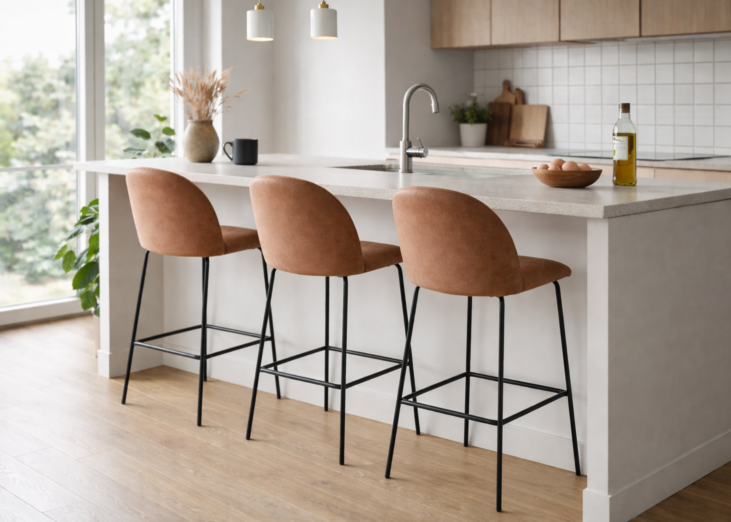 Banqueta Ari em sala de jantar sofisticada com design elegante e confortável, ideal para compor ambientes modernos e refinados.
