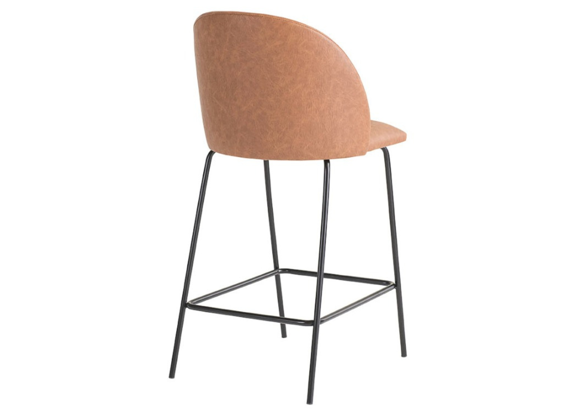 Banqueta Ari com revestimento em couríssimo caramelo e base em aço carbono, apresentando design sofisticado e elegante, ideal para compor ambientes modernos e refinados.