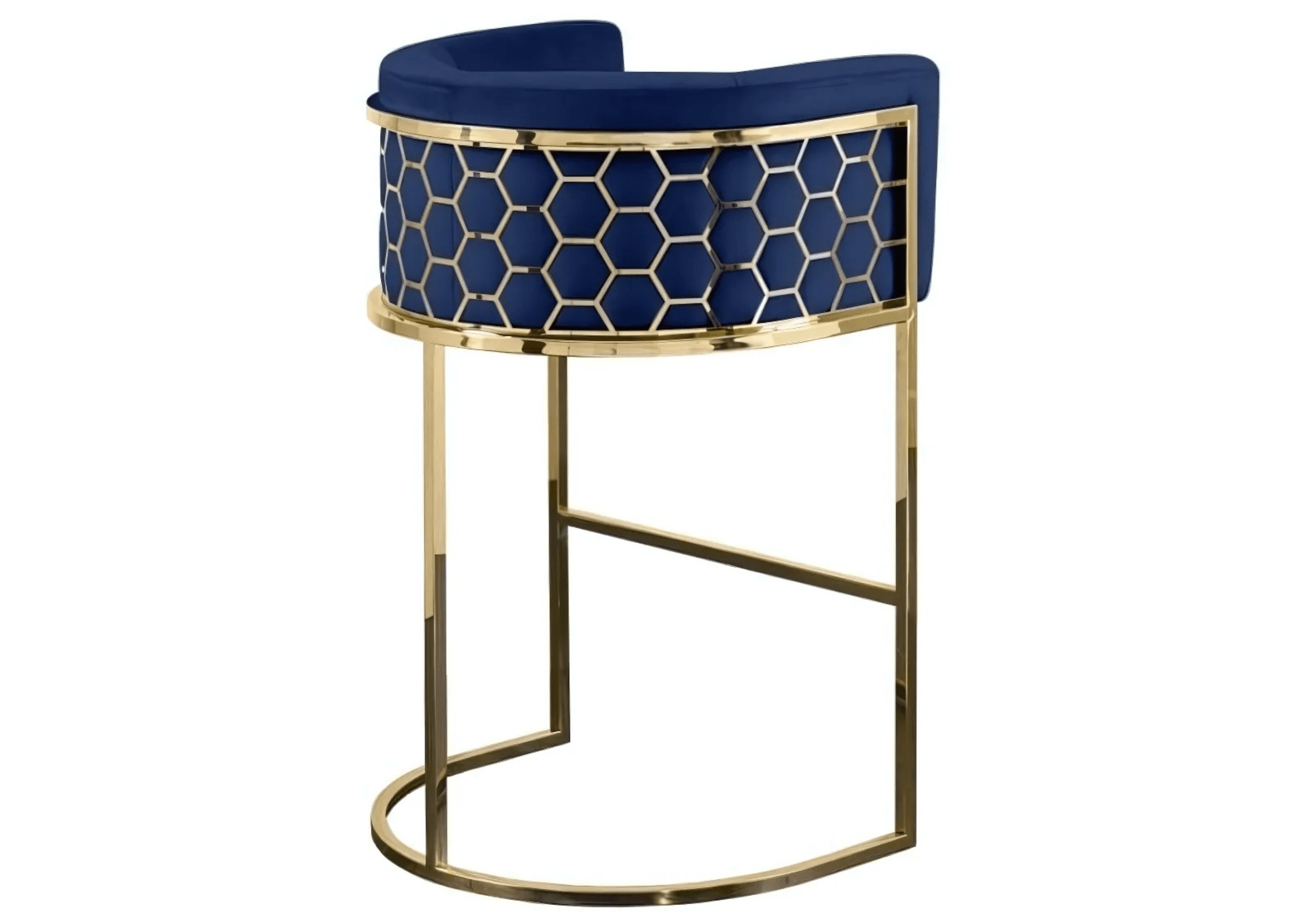 Banqueta Europeia design alto padrão aço inox dourado com revestimento em veludo azul e formato favo.