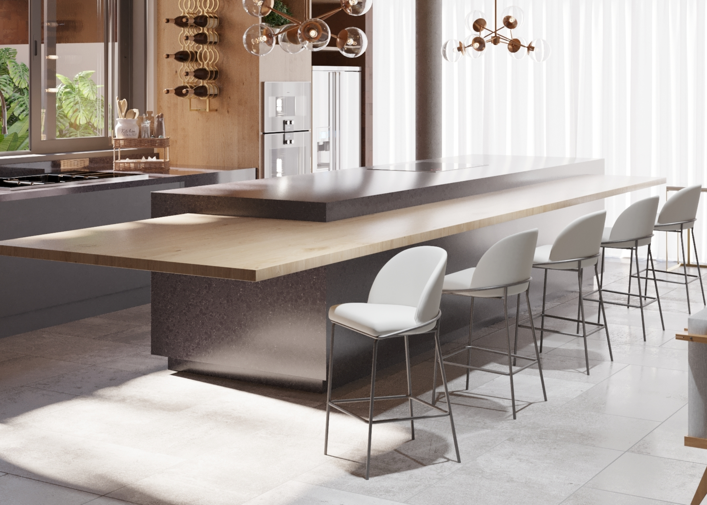 Banqueta Fit para bancada sofisticada em ambiente luxuoso, apresentando design elegante e confortável, ideal para compor espaços modernos e refinados.