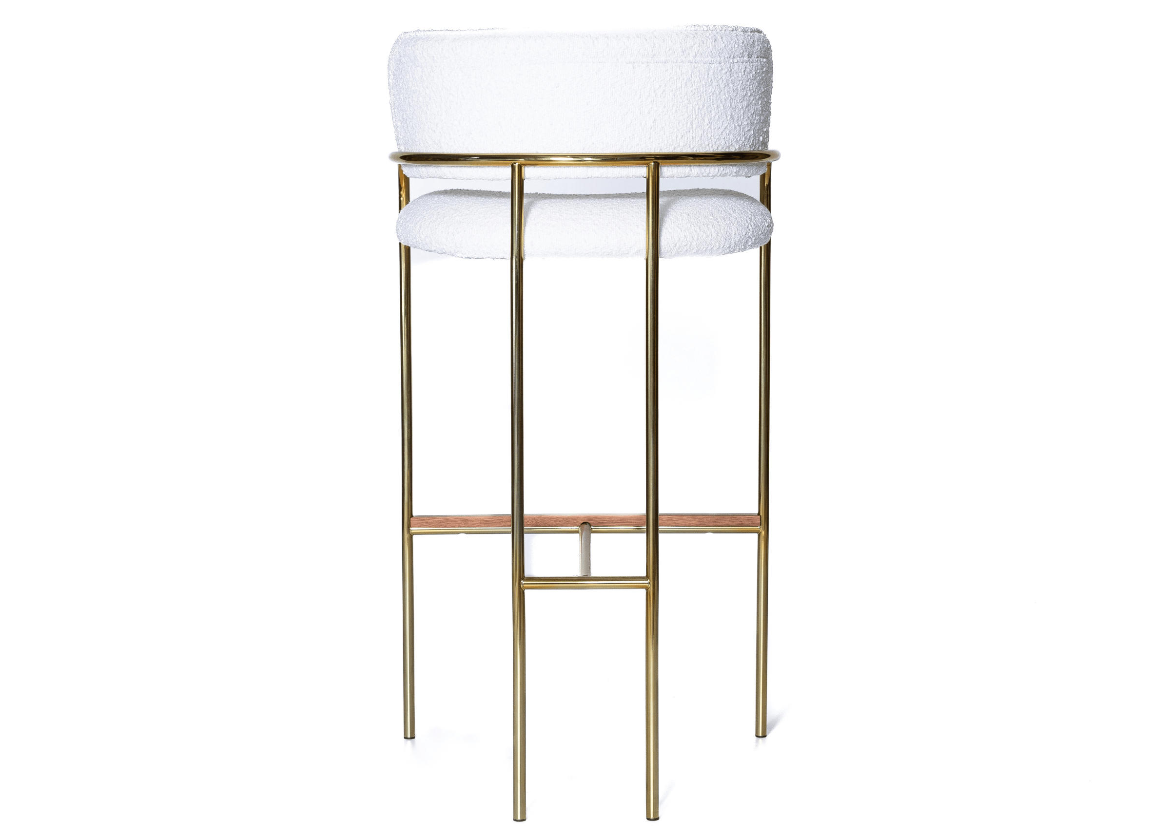 Encosto acolchoado em tecido branco da Banqueta Florence com acabamento sofisticado em aço inox dourado
