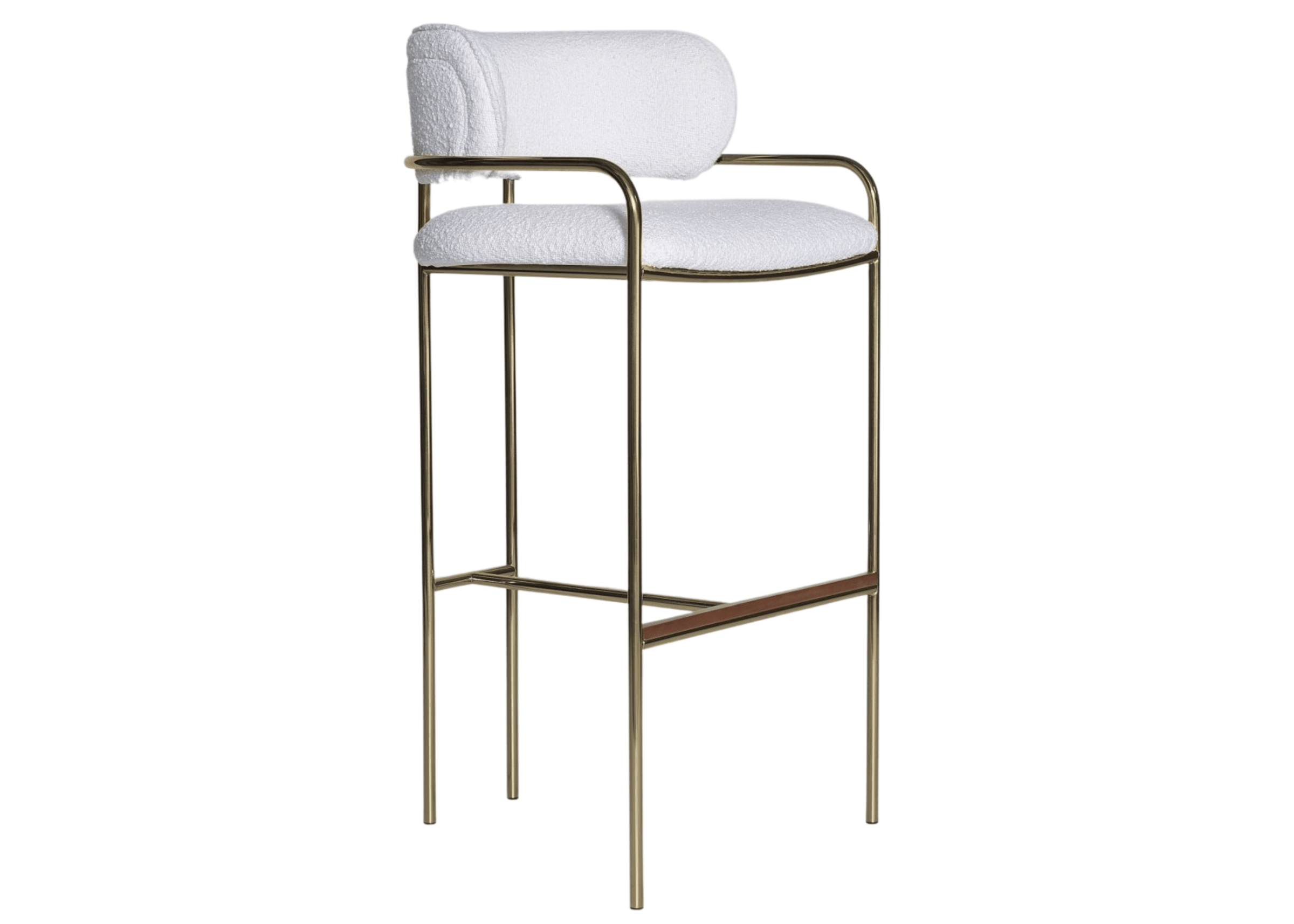 Banqueta Florence com assento estofado branco e base em aço inox dourado detalhe em madeira.