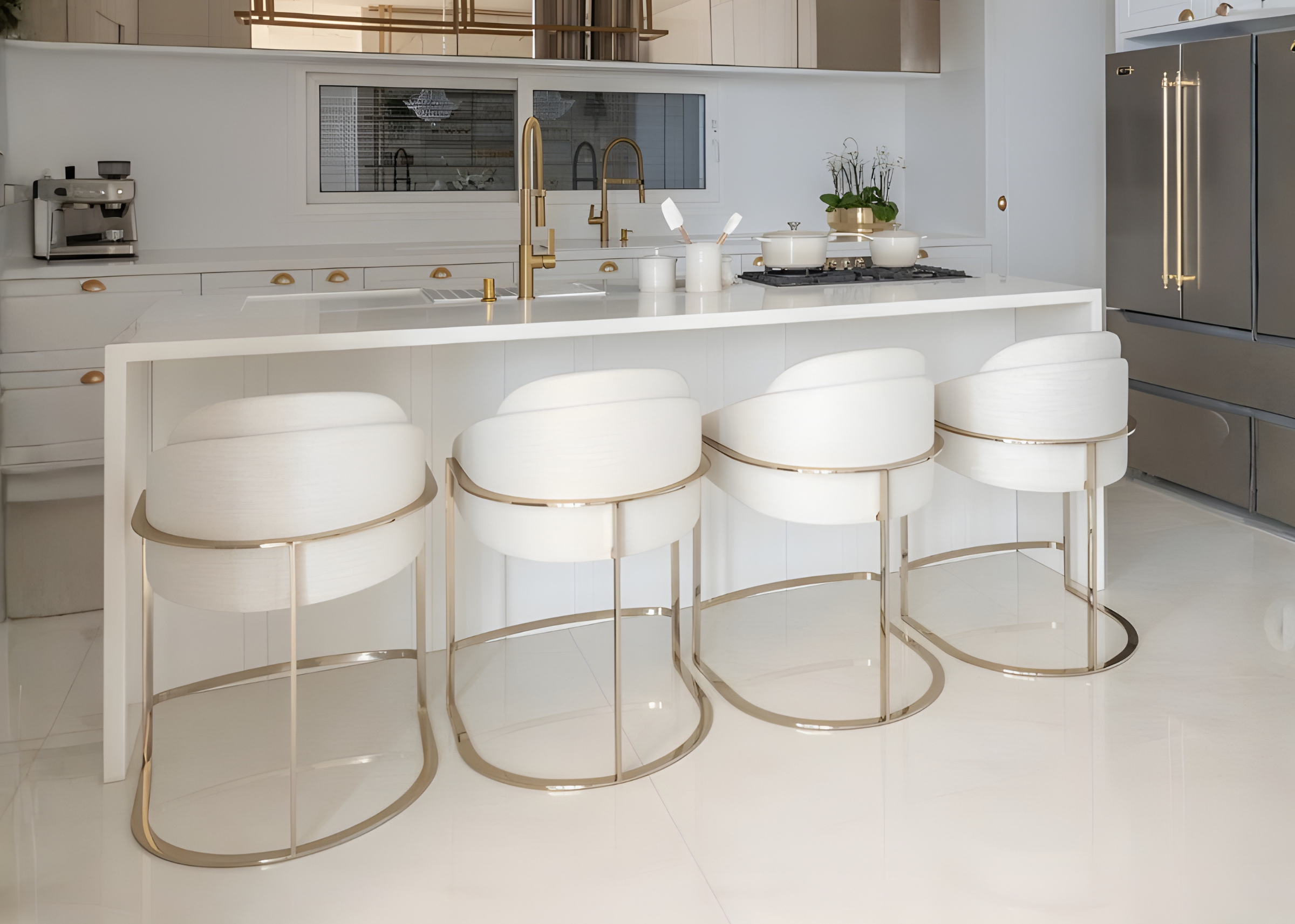 Banqueta Gatteo luxuosa, com assento em tecido branco e estrutura em aço inox, combinando conforto e design sofisticado para compor ambientes elegantes.