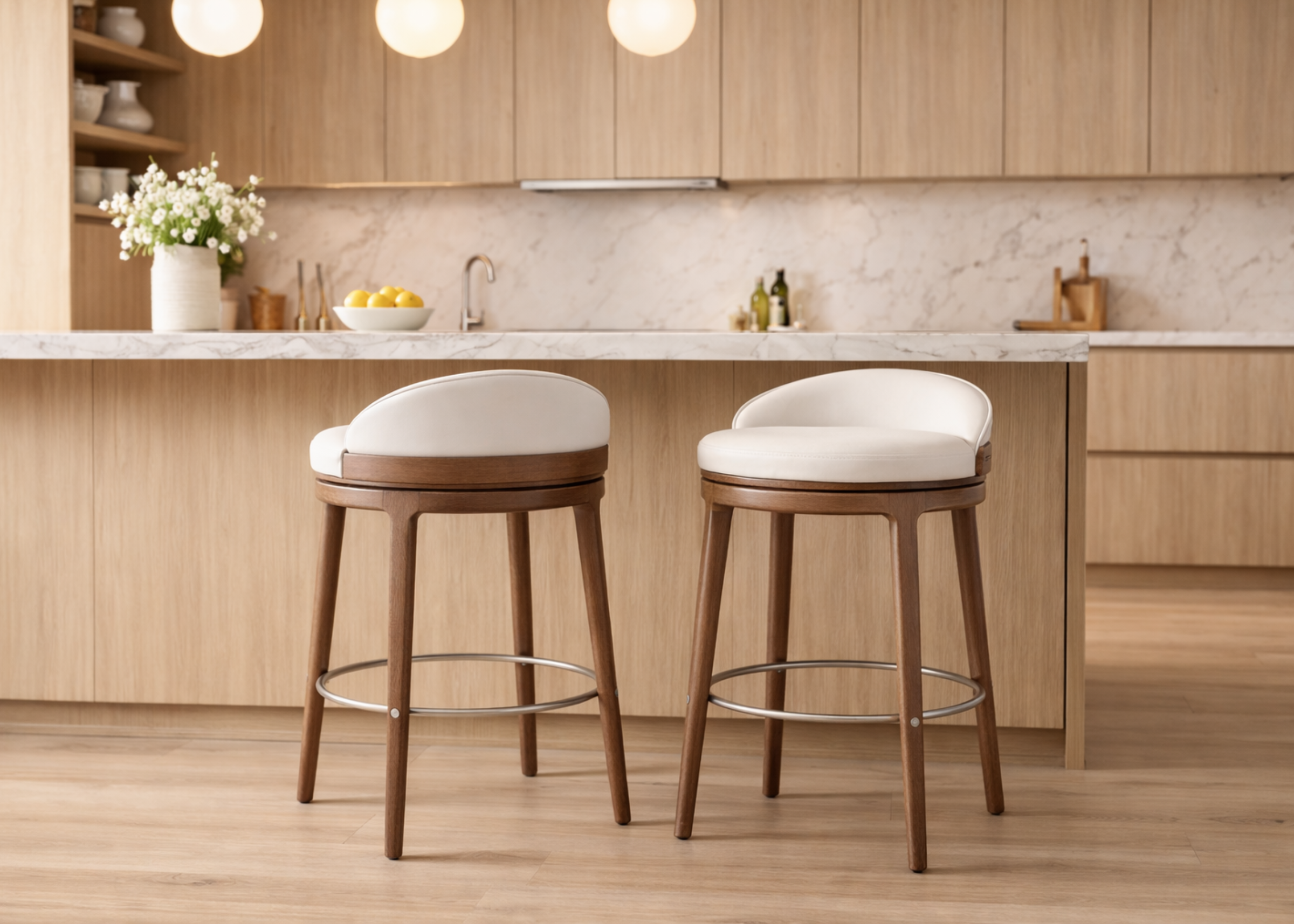 Banqueta Giratória Aveline para área gourmet com design sofisticado e elegante, ideal para compor ambientes modernos e acolhedores.