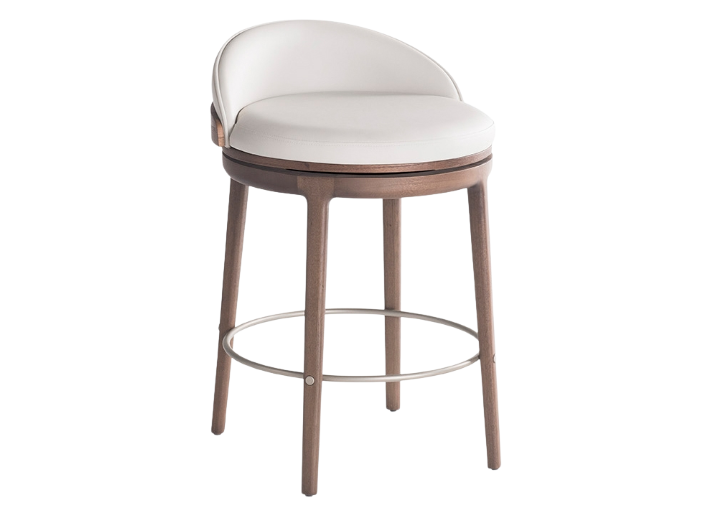Banqueta Giratória Aveline com base em madeira tauari e revestimento em tecido off, apresentando design elegante e sofisticado, ideal para compor ambientes modernos e acolhedores.