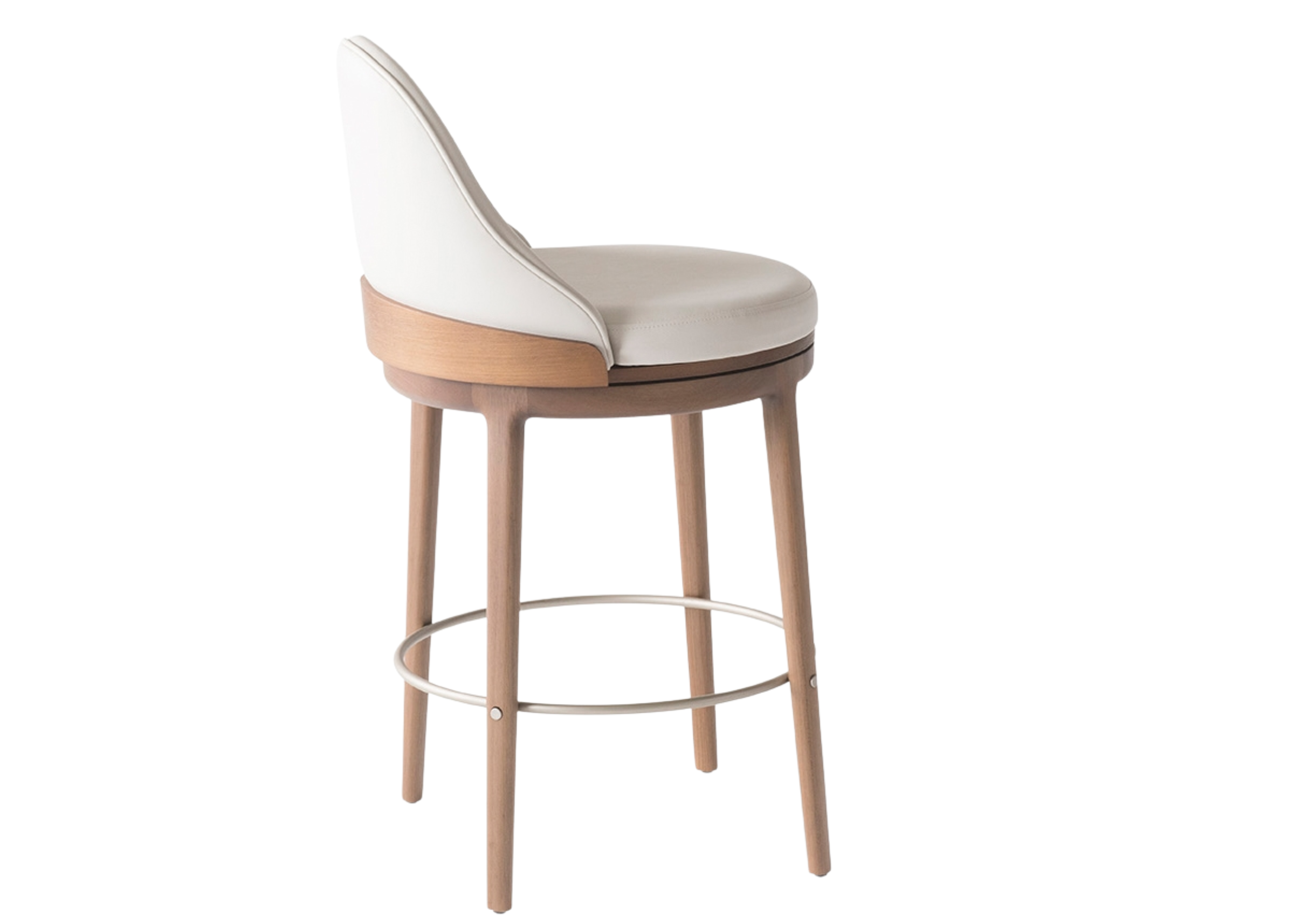 Banqueta giratória Aveline I com detalhes contemporâneos e revestimento off white, apresentando design elegante e sofisticado, ideal para compor ambientes modernos e refinados.