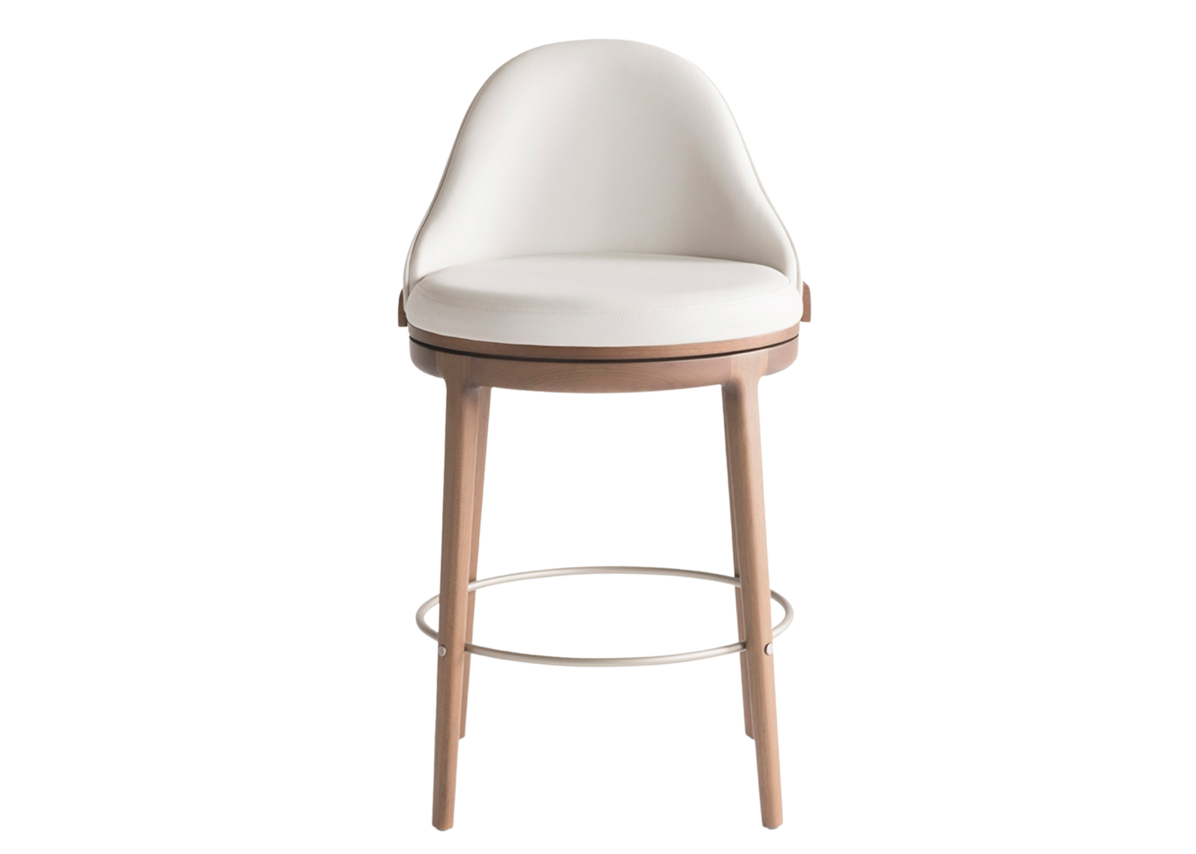Banqueta giratória Aveline I com acabamento em madeira e apoio em aço carbono, apresentando design moderno e sofisticado, ideal para compor ambientes elegantes e funcionais.
