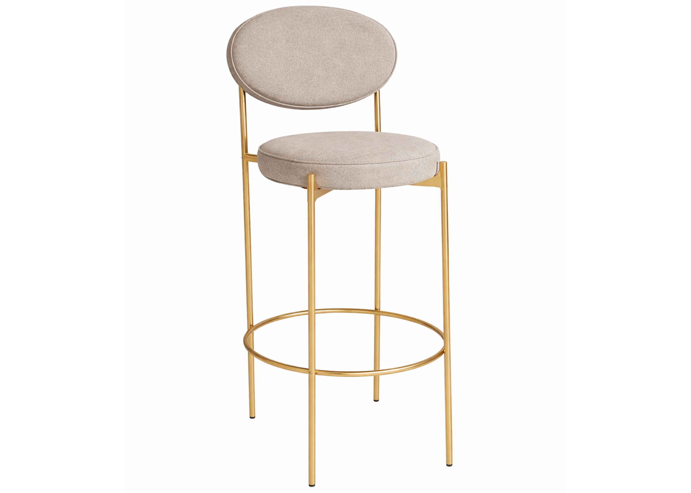 Banqueta Golf com base dourada e revestimento cinza, apresentando design sofisticado e elegante, ideal para compor ambientes modernos e refinados.
