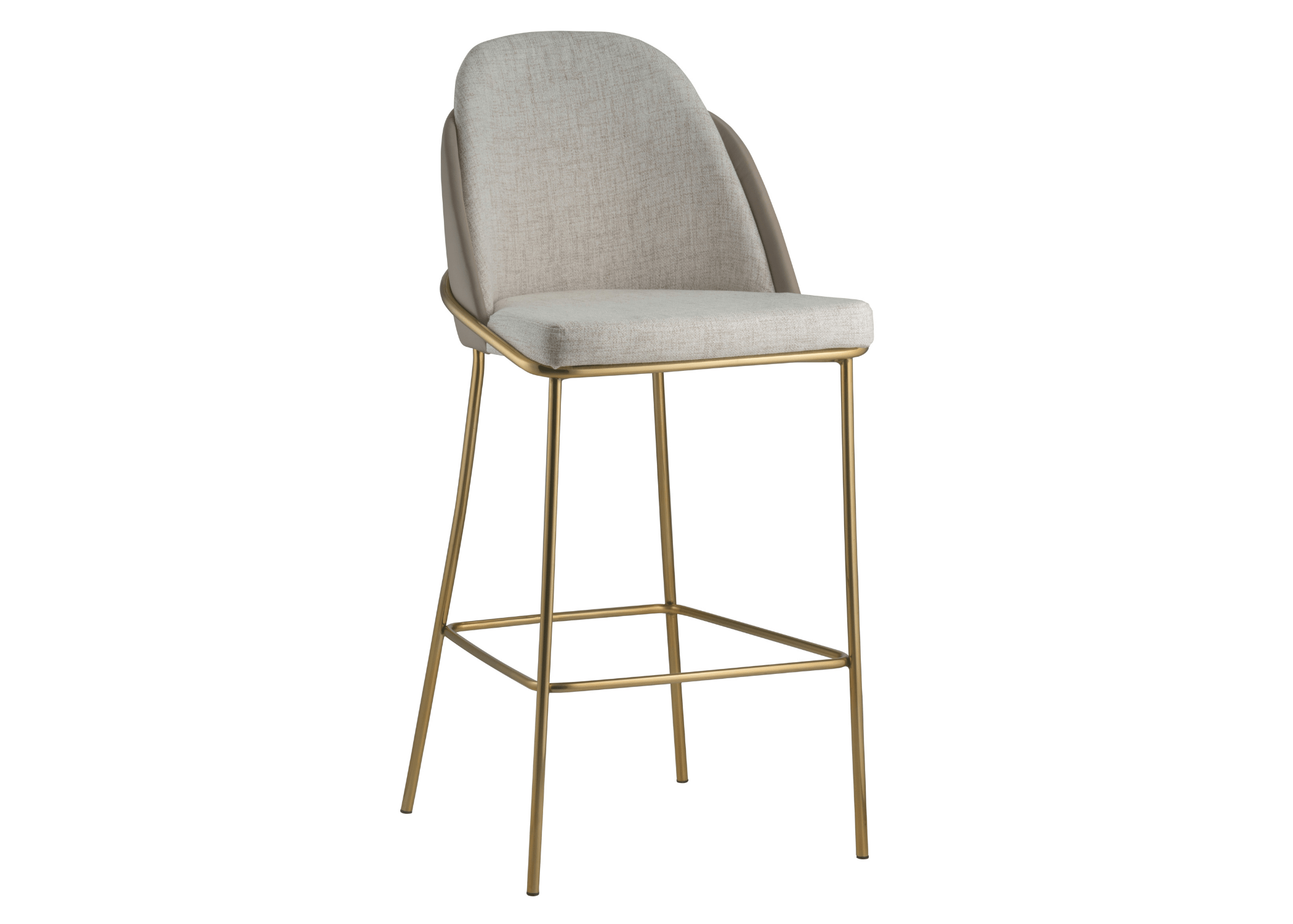 Banqueta Green elegante, com revestimento em linho e base dourada, unindo conforto e sofisticação para valorizar ambientes contemporâneos.