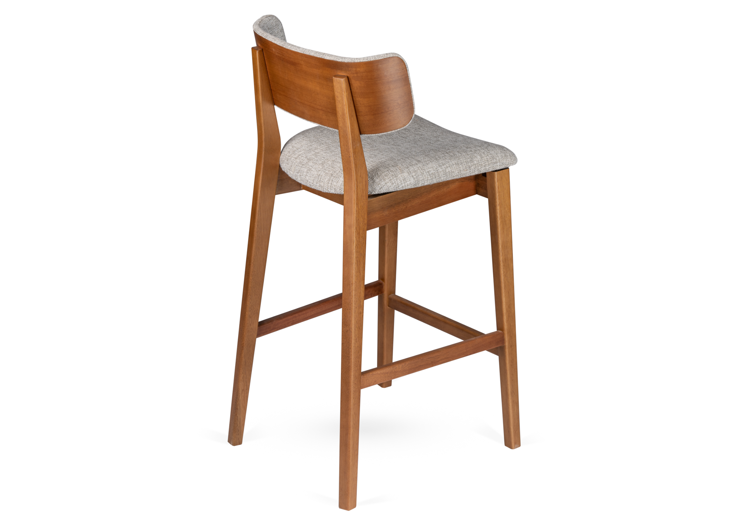 Banqueta Kenny com detalhes nas costas em lâmina de madeira, apresentando design elegante e sofisticado, ideal para compor ambientes modernos e refinados.