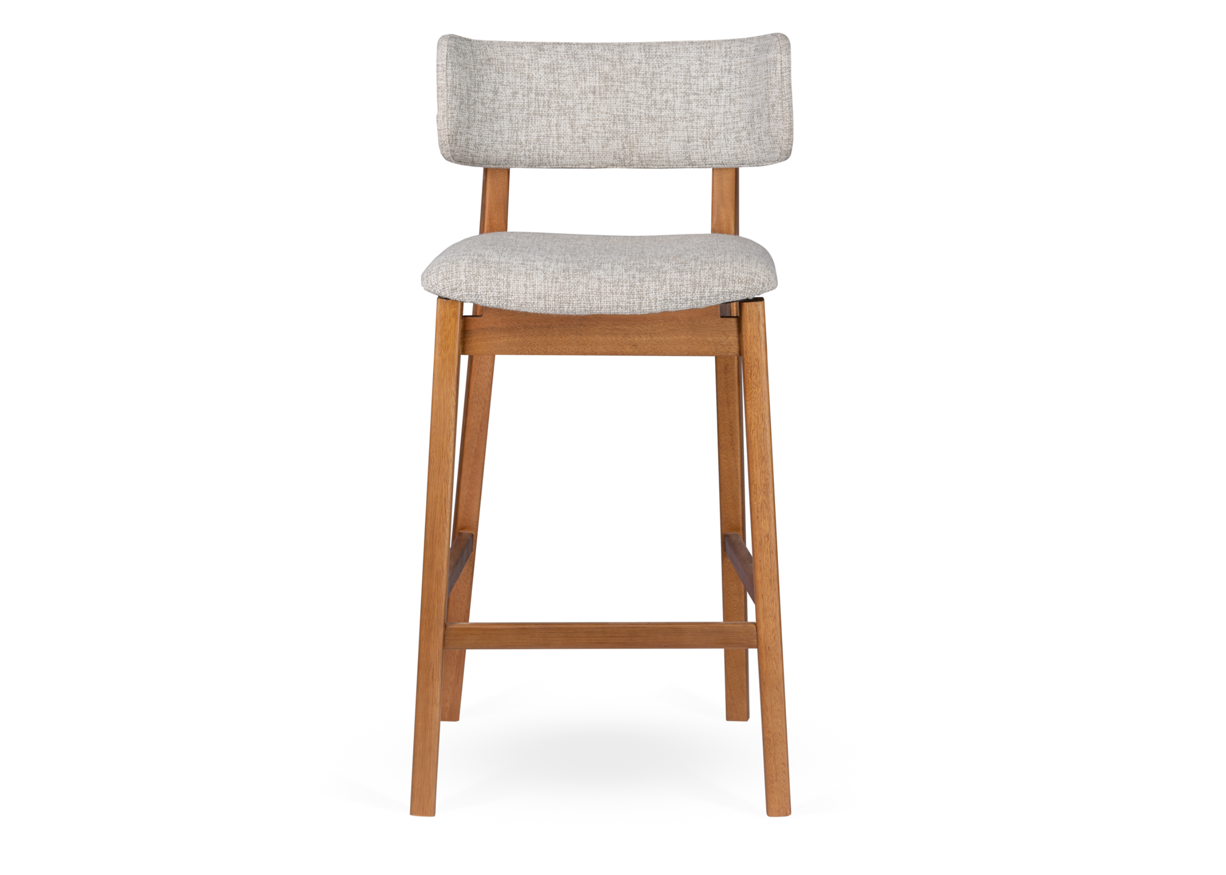 Banqueta Kenny estofada com base em madeira, apresentando design confortável e sofisticado, ideal para compor ambientes modernos e refinados.