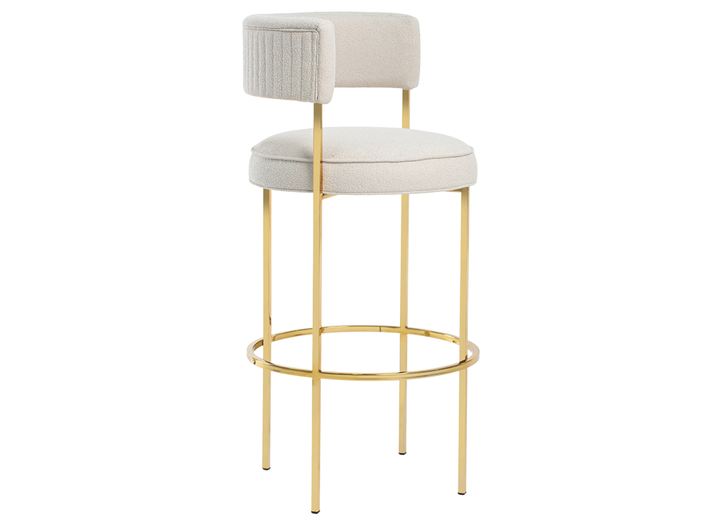 Banqueta modelo Liane com base metálica na cor gold e assento estofado. Design elegante e contemporâneo, ideal para composições sofisticadas, apresentada sobre fundo neutro.