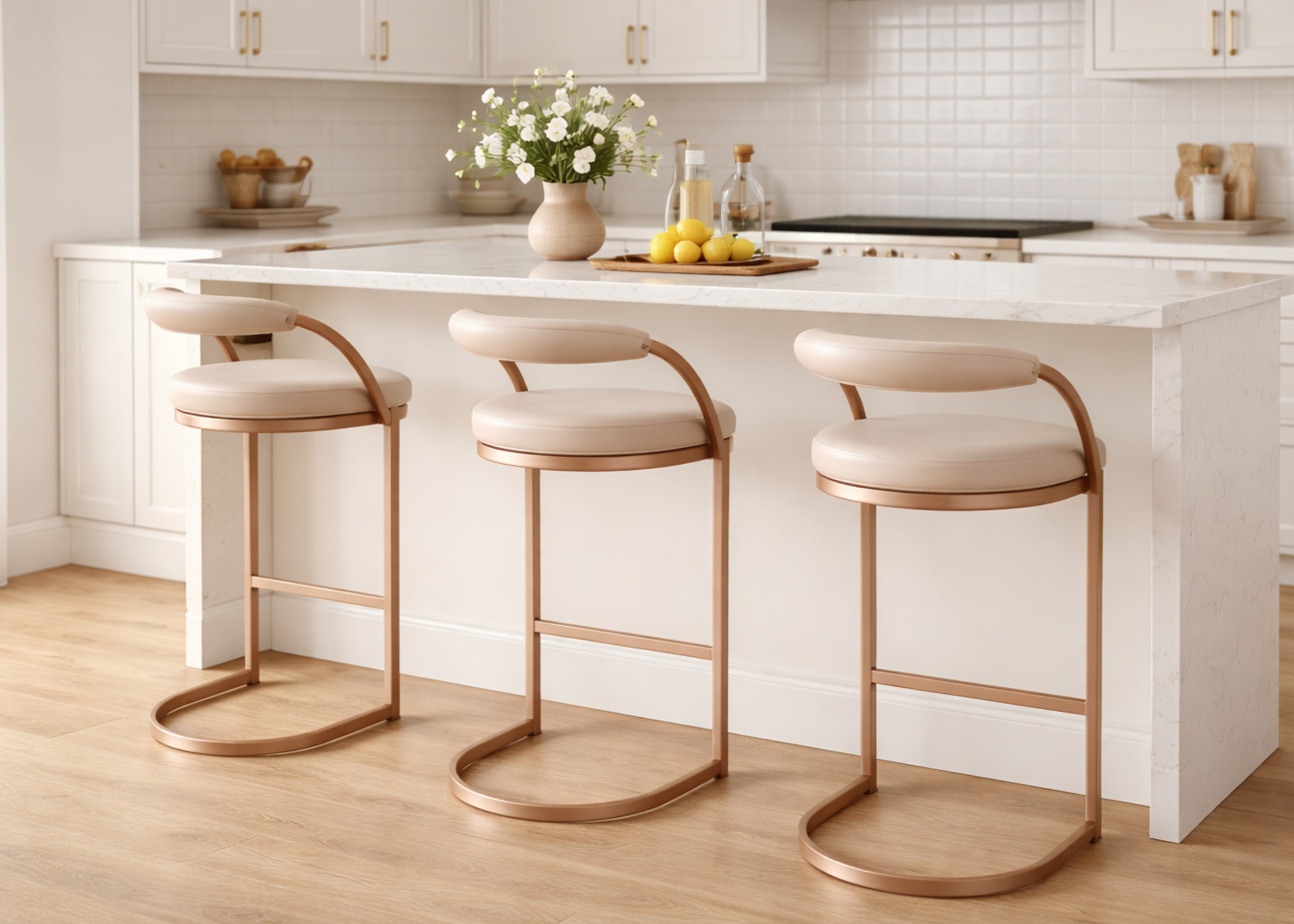 Banqueta Lidi em ambiente moderno e sofisticado, apresentando design elegante e confortável, ideal para compor espaços contemporâneos e refinados.