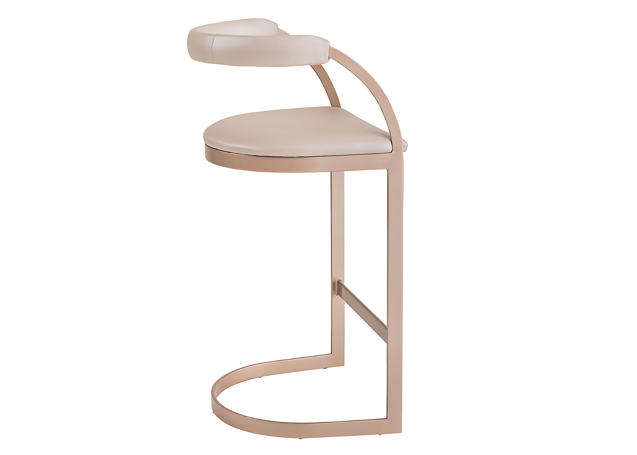 Banqueta Lidi com revestimento em couríssimo champagne e base em aço carbono, apresentando design elegante e sofisticado, ideal para compor ambientes modernos e refinados.