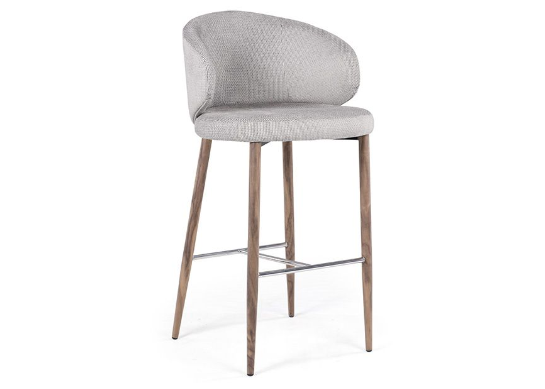 Banqueta Lola refinada, revestida em tecido de linho cinza, combinando conforto e elegância para compor ambientes sofisticados com estilo contemporâneo.