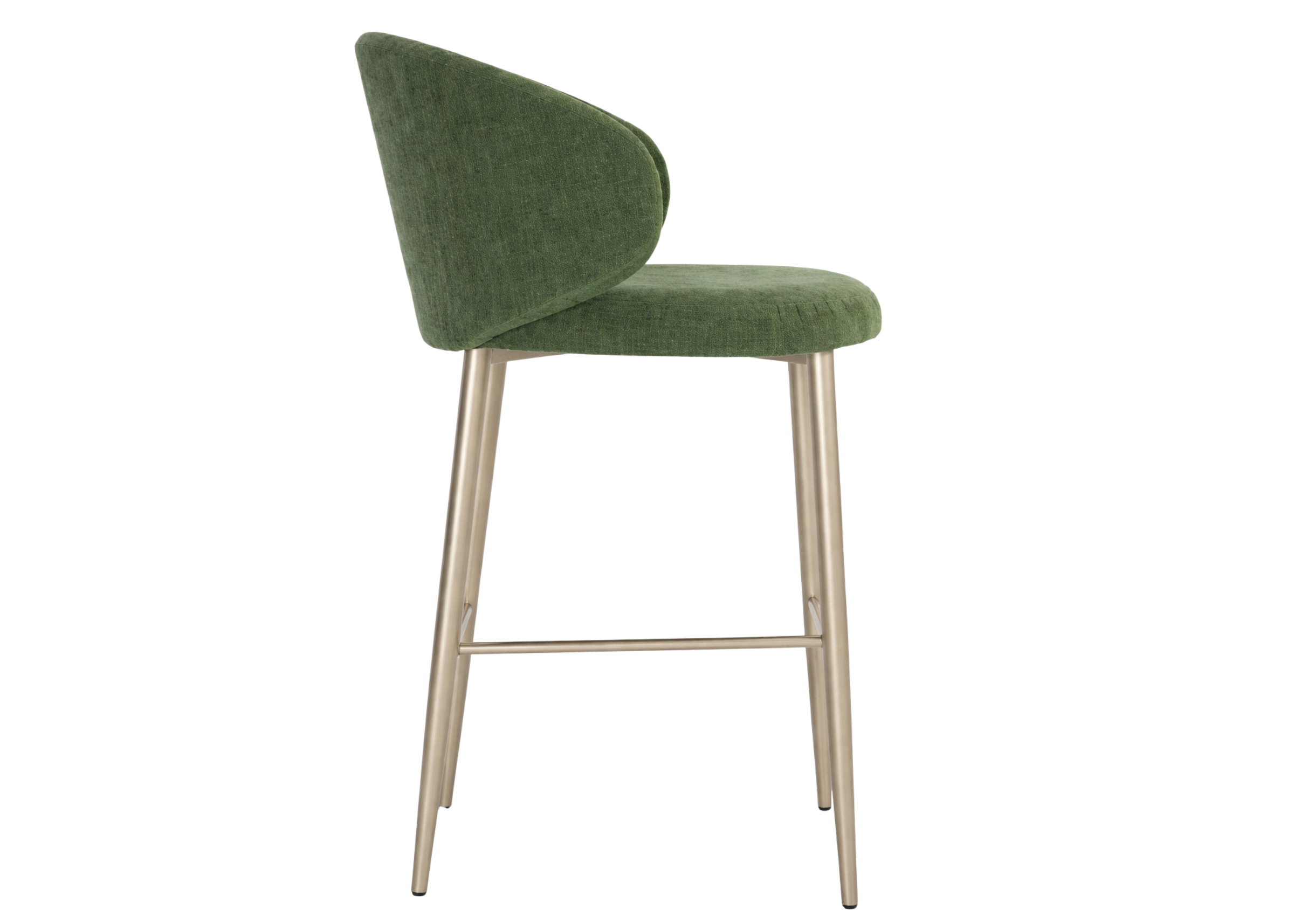 Banqueta Lola revestida em boucle verde, unindo elegância, conforto e design contemporâneo para ambientes sofisticados.