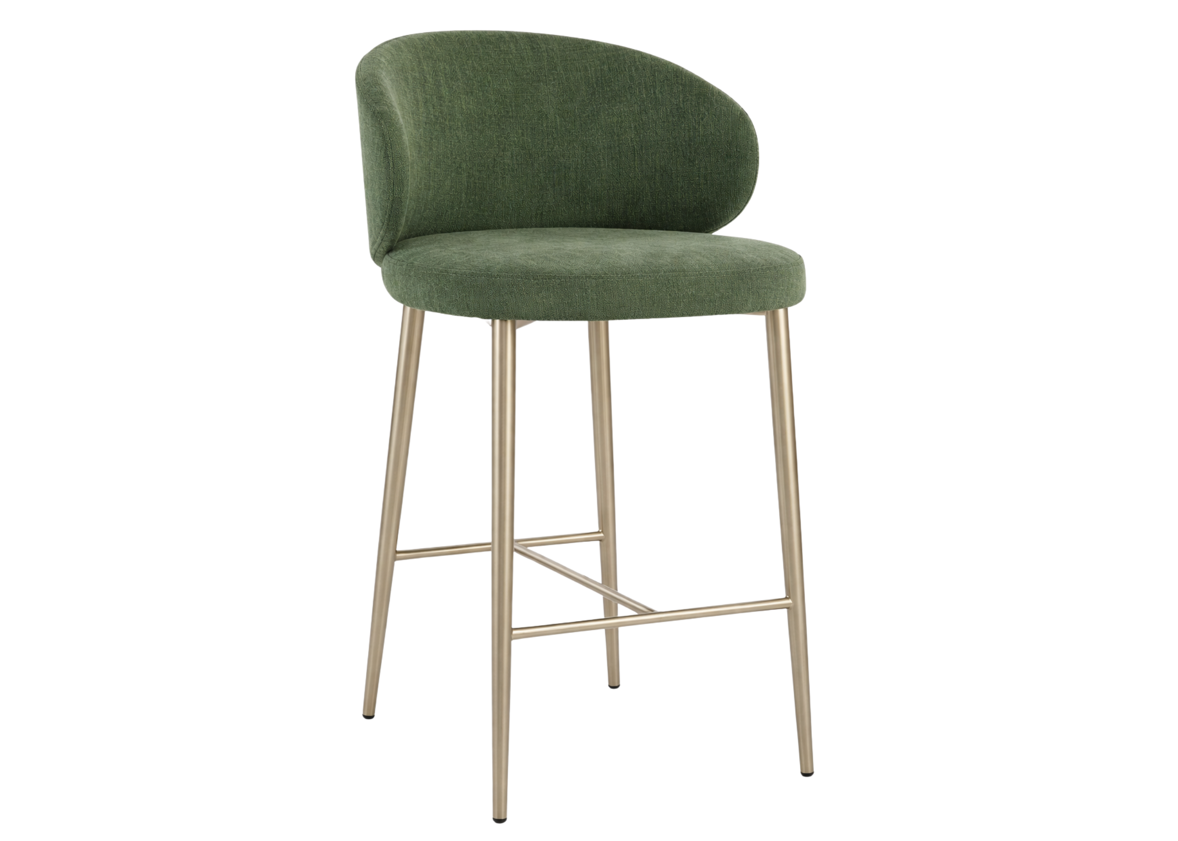 Banqueta Lola com tecido verde e base em aço inox confortavél, elegância e um toque moderno para compor ambientes sofisticados.