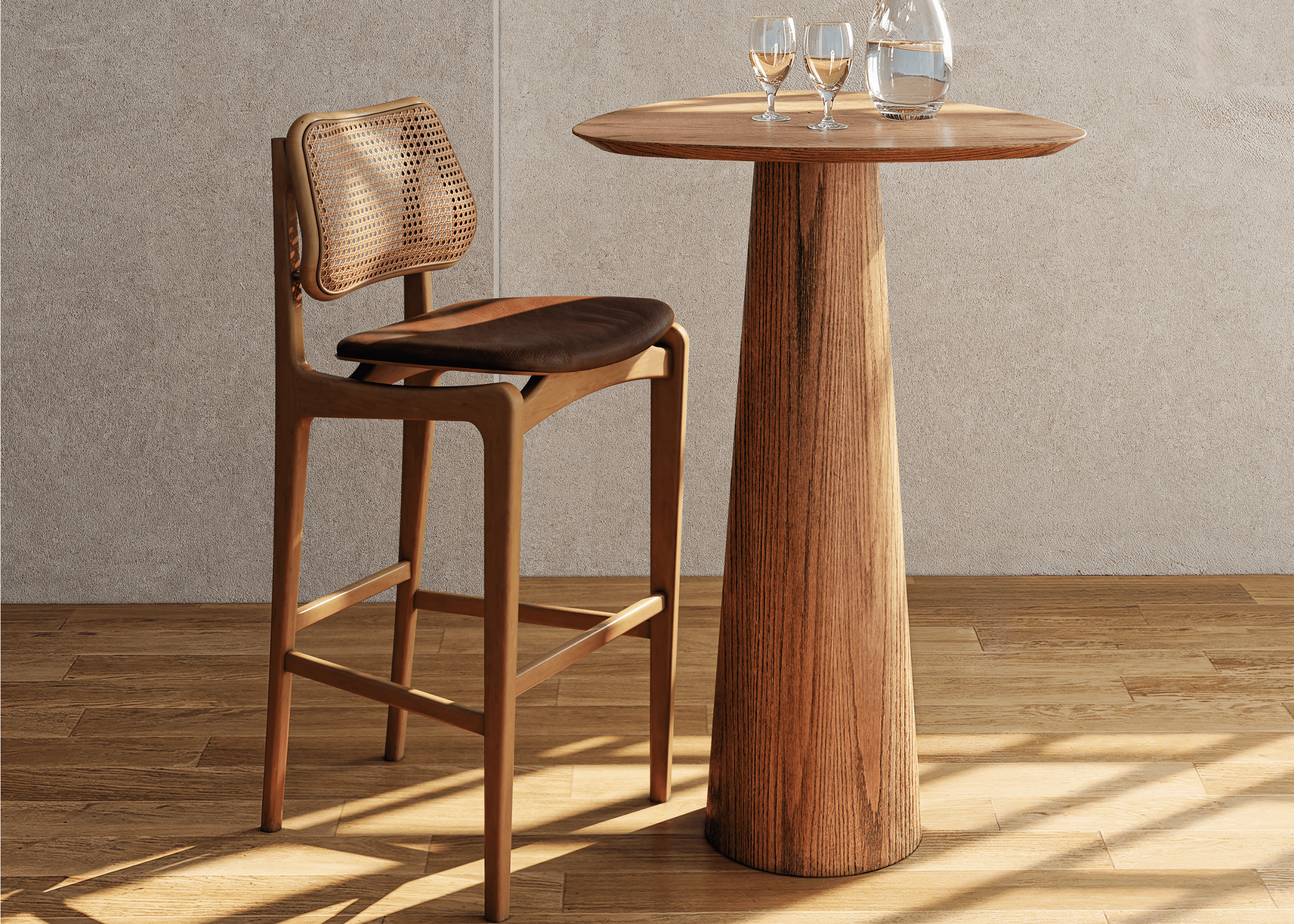 Banqueta em madeira nogueira com encosto em palha natural, design elegante e artesanal, ideal para compor ambientes sofisticados.