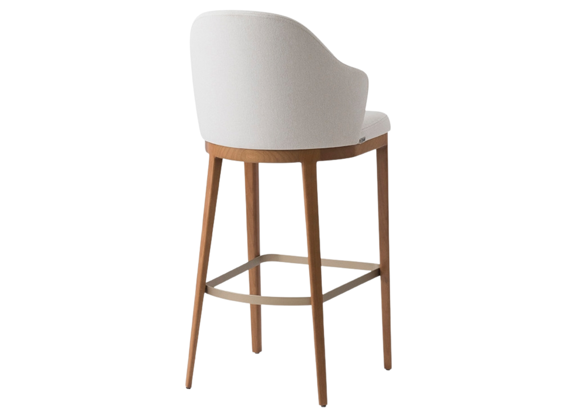 Banqueta Megan com apoio para os pés em pintura automotiva champagne e base em madeira, apresentando design elegante e sofisticado, ideal para compor ambientes modernos e refinados.