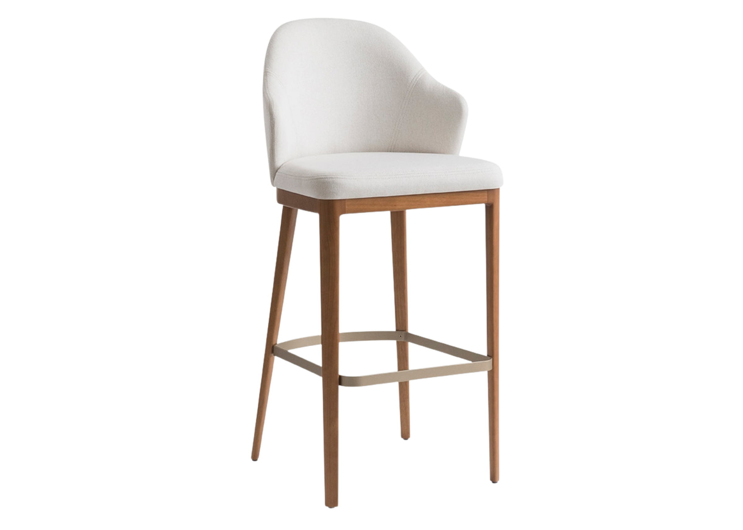 Banqueta Megan com revestimento off white e base em madeira tauari, apresentando design elegante e confortável, ideal para compor ambientes modernos e acolhedores.