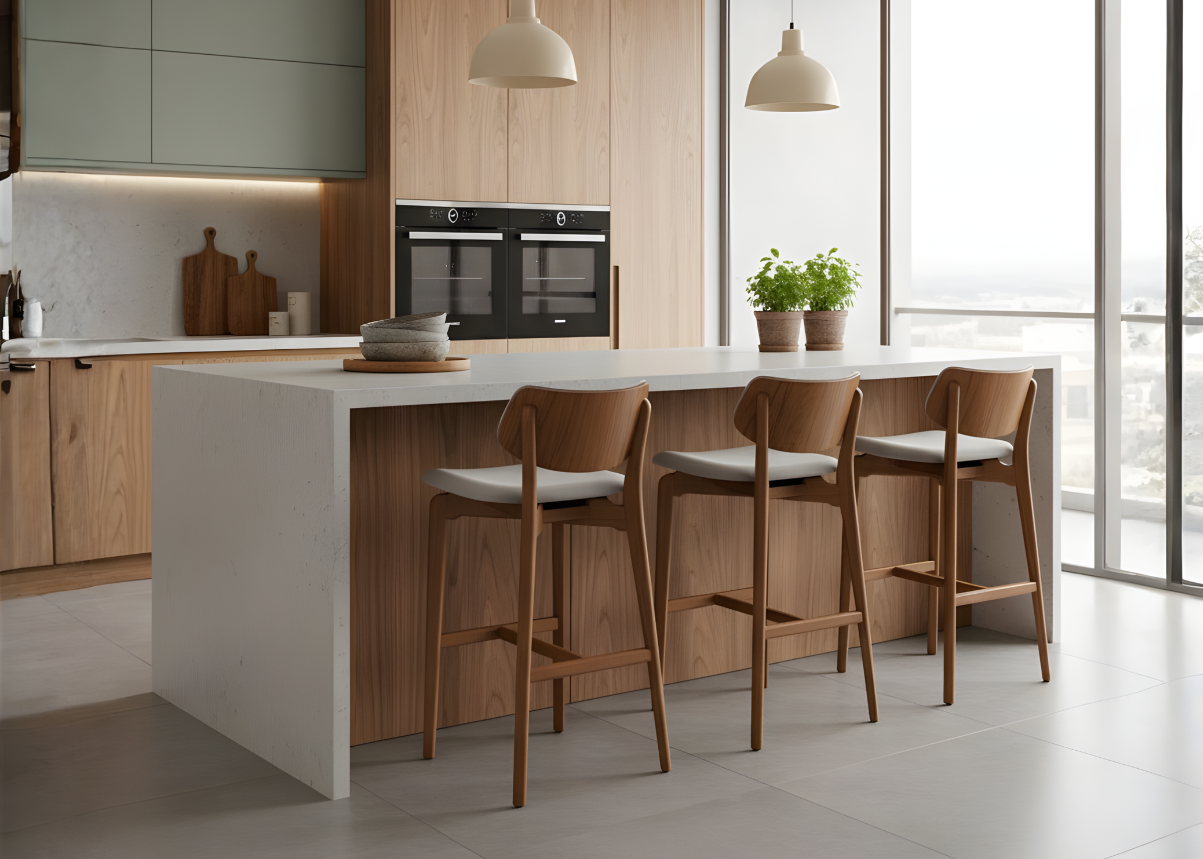Banqueta moderna modelo Shell, com assento e encosto estofados, ideal para bancadas de cozinha ou espaços gourmet, unindo conforto e design contemporâneo.