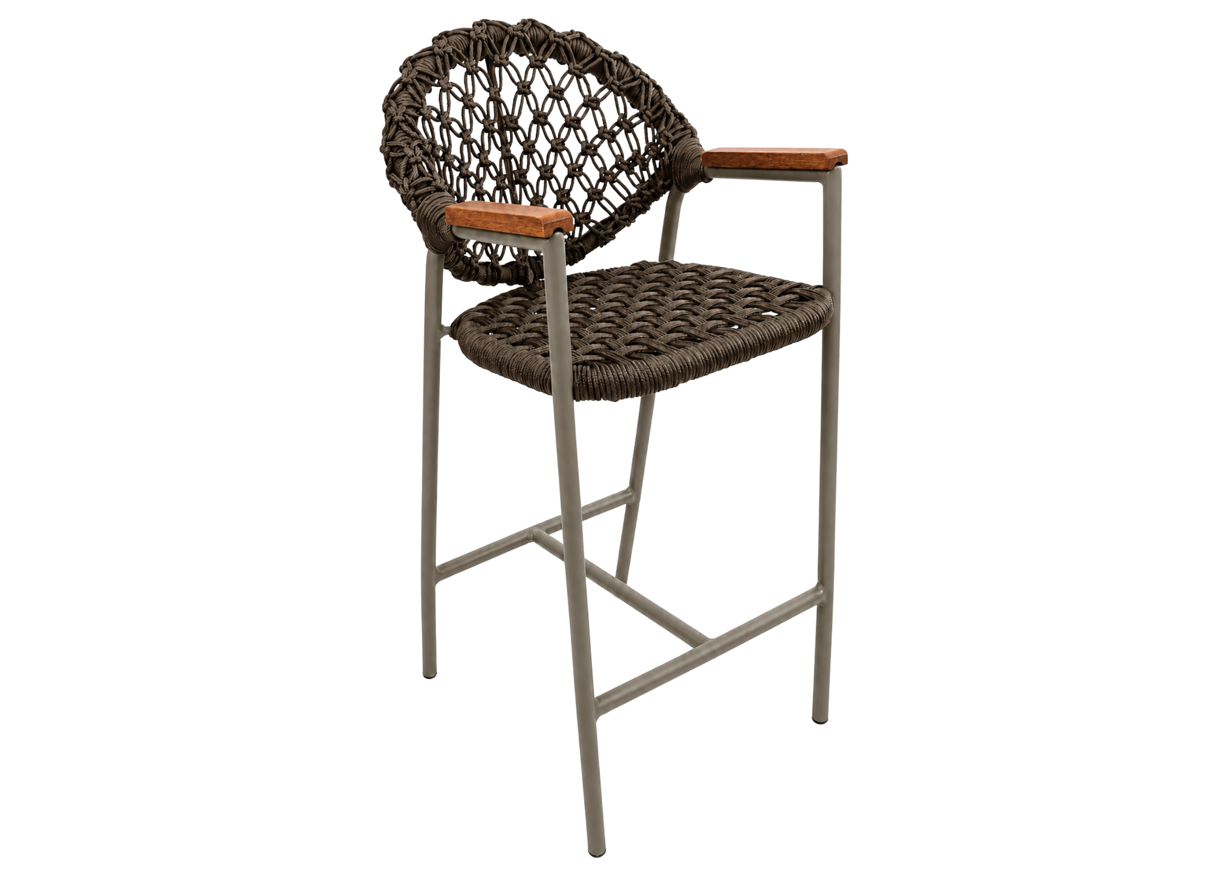 Banqueta Summer para área externa com estrutura em alumínio, corda náutica e detalhes em madeira cumaru, apresentando design moderno e resistente para ambientes ao ar livre.