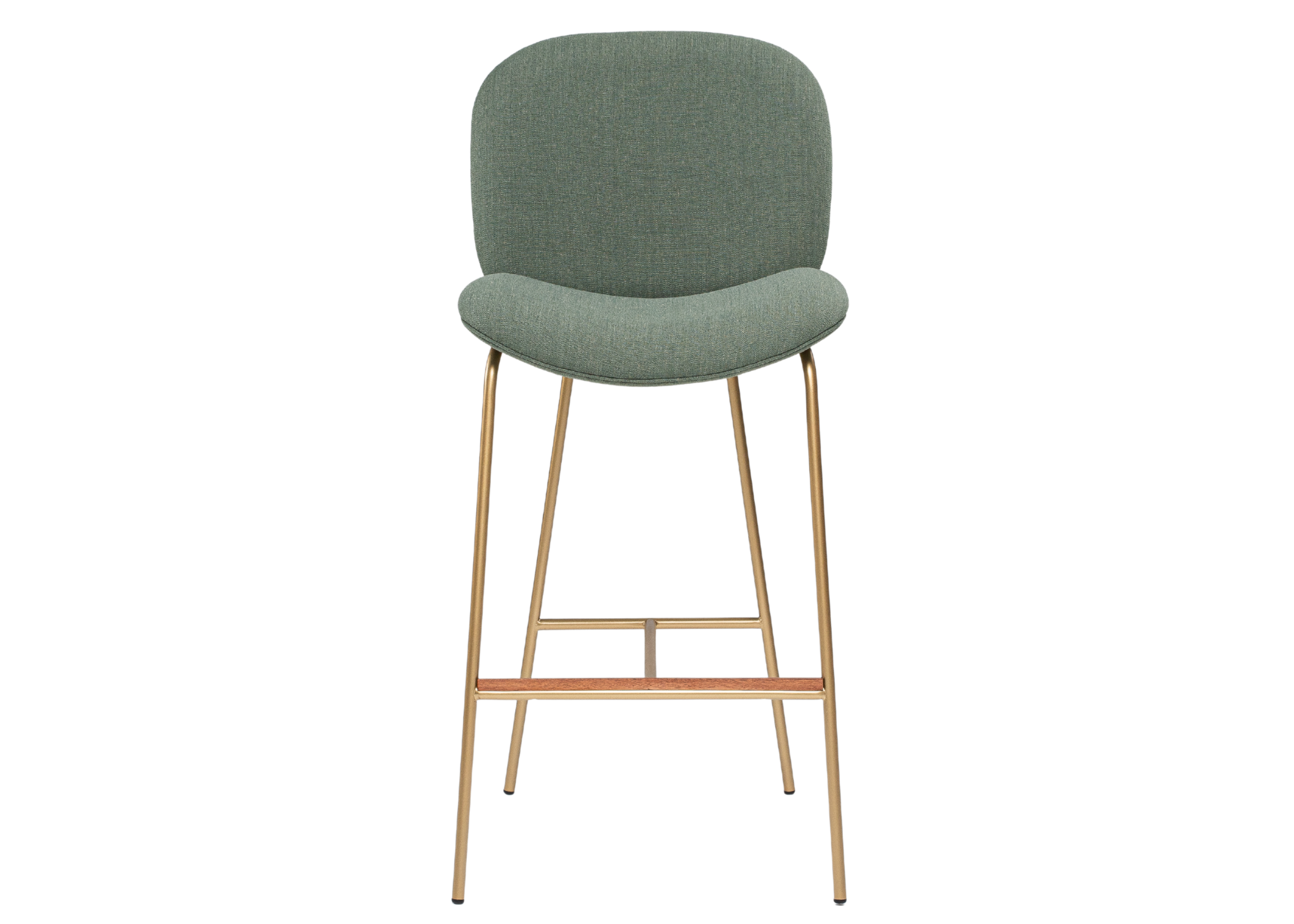 Banqueta Theodoro alta para bancadas, com base em inox golden e revestimento em linho verde. Ideal para compor espaços sofisticados e elegantes.