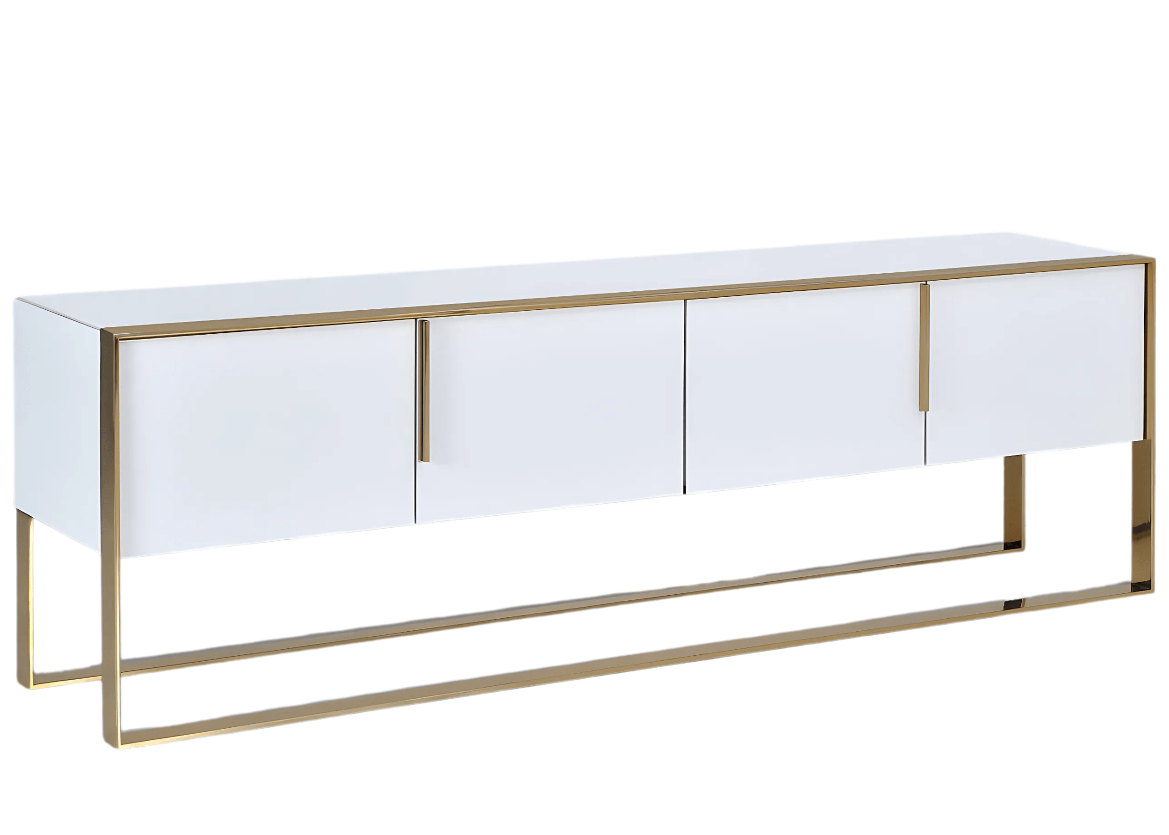 Buffet Alaska com base em aço inox dourado e acabamento em laca branca sofisticada.