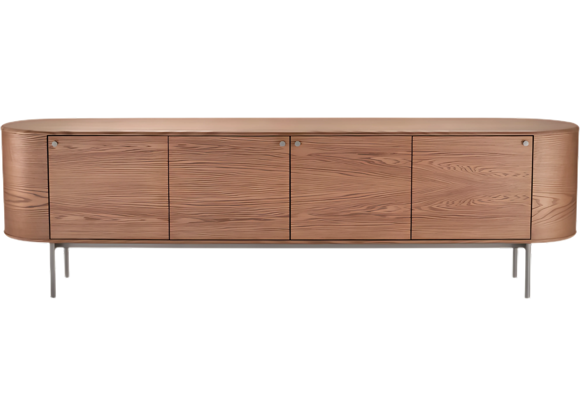 Buffet Aurelia I com quatro portas, acabamento em lâmina de carvalho e pés em aço carbono, elegante e funcional para ambientes modernos.
