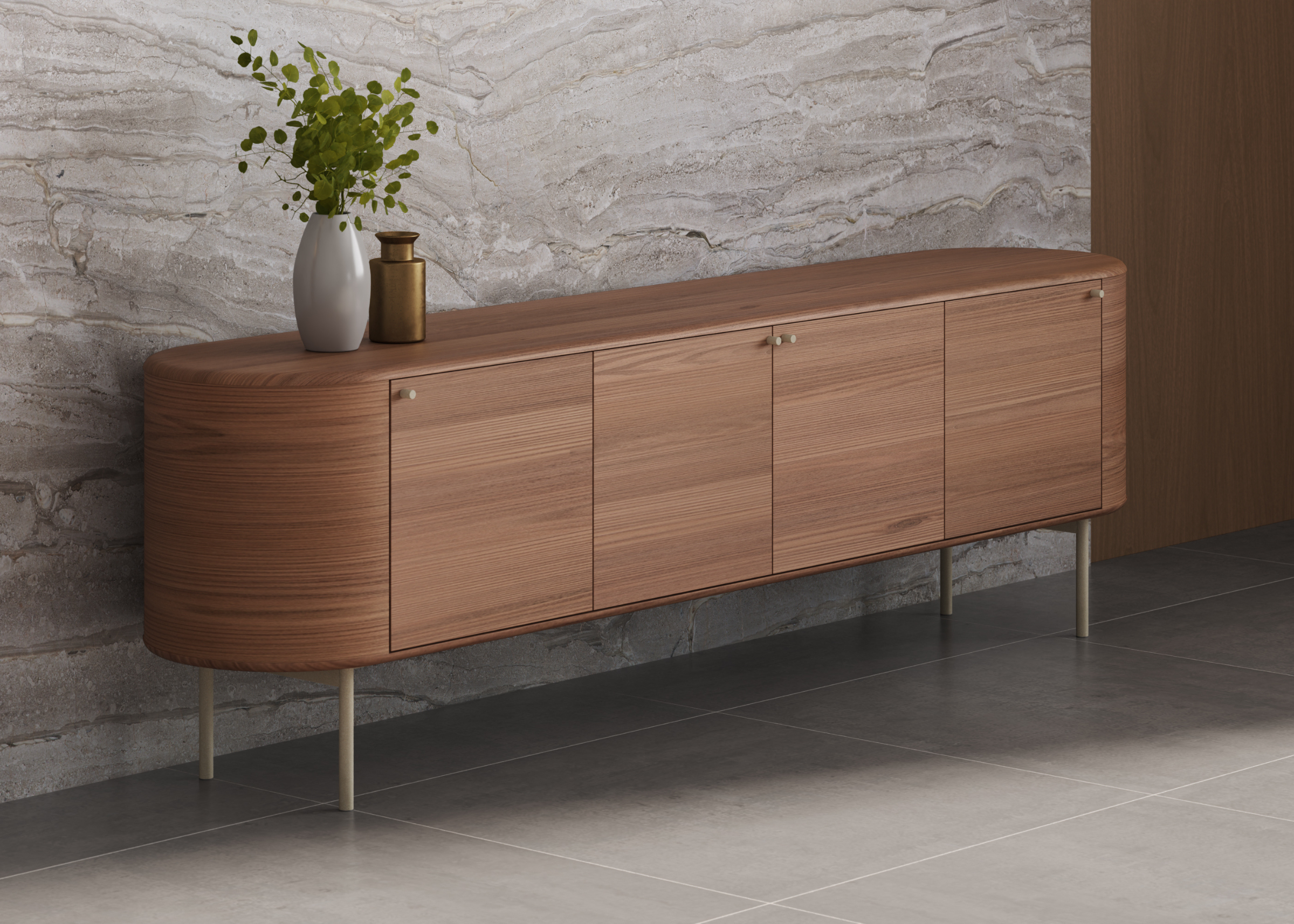 Buffet Aurelia I para sala de jantar, elegante com acabamento laminado em carvalho e base metalizado Asti, ideal para ambientes modernos e sofisticados.
