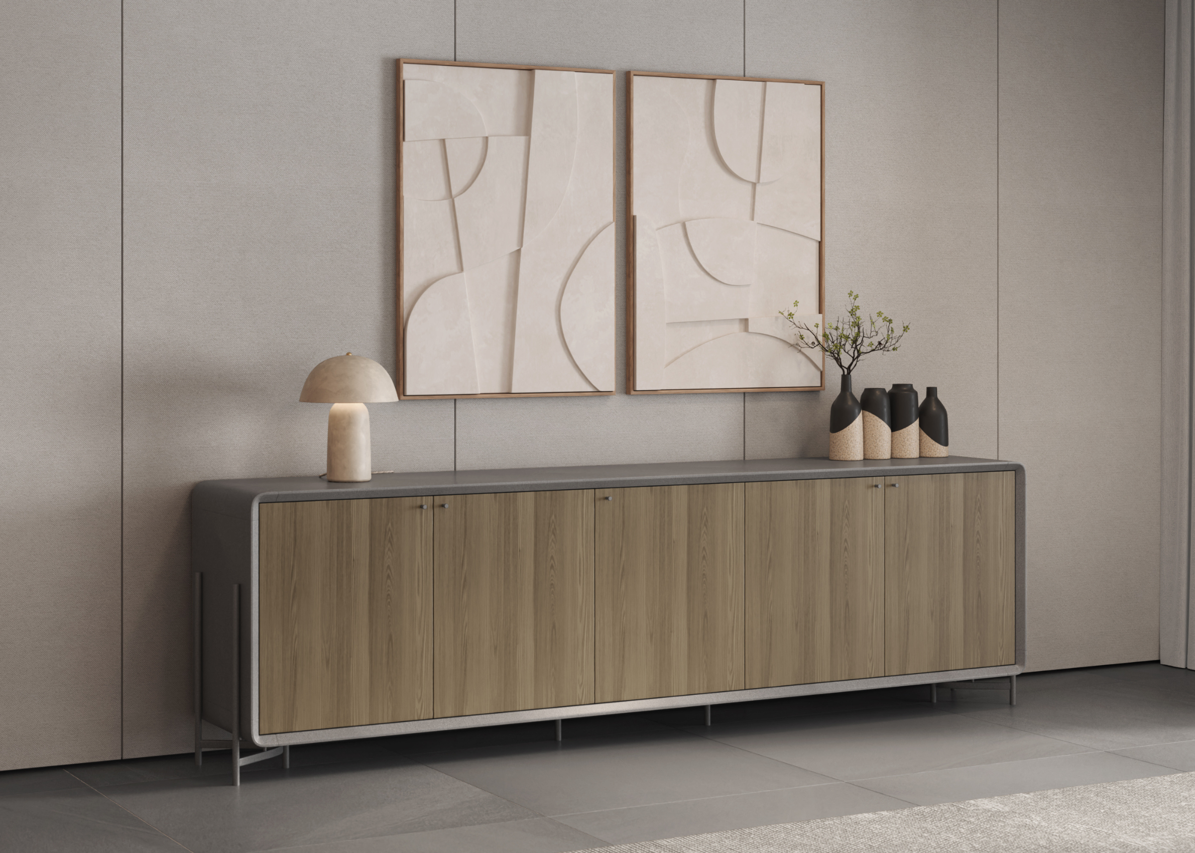 Buffet Cartago elegante para sala de jantar com portas em lâmina de madeira. Peça moderna que combina design e funcionalidade.
