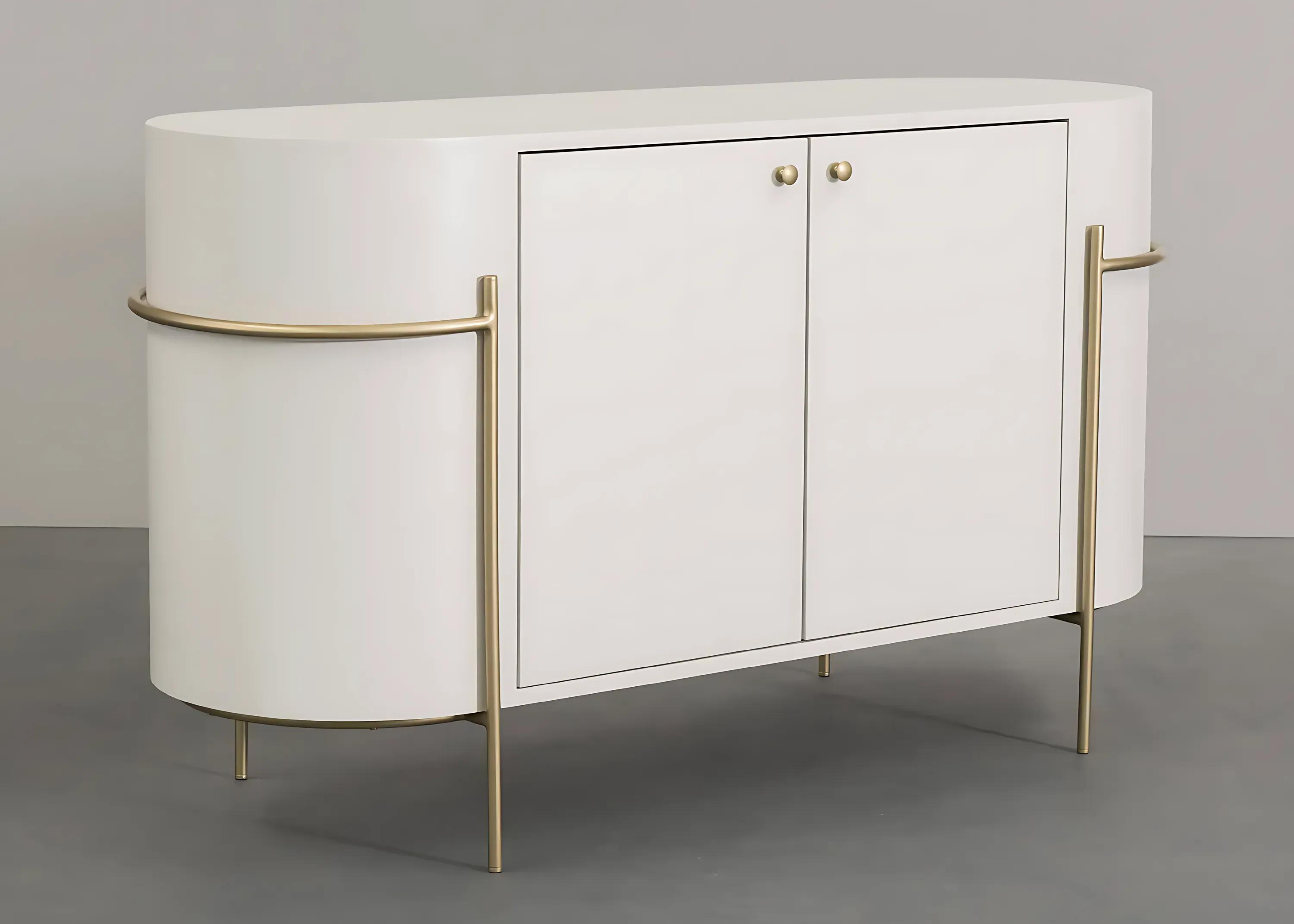 Buffet Donatello com duas portas e acabamento laqueado branco, apresentando design elegante e sofisticado, ideal para compor ambientes modernos e refinados.
