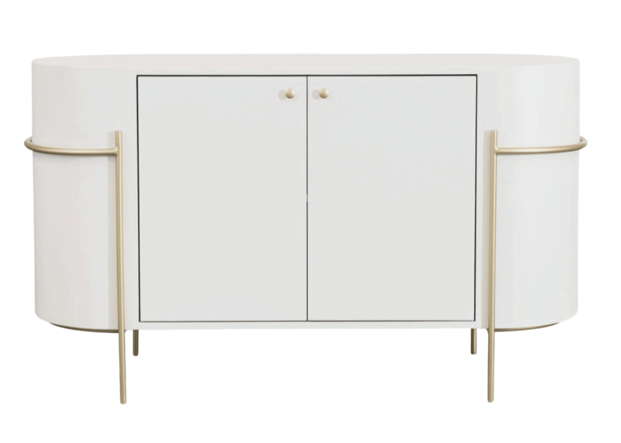 Buffet Donatello em laca branca com detalhes metalizados em ouro, apresentando design elegante e sofisticado, ideal para compor ambientes modernos e refinados.