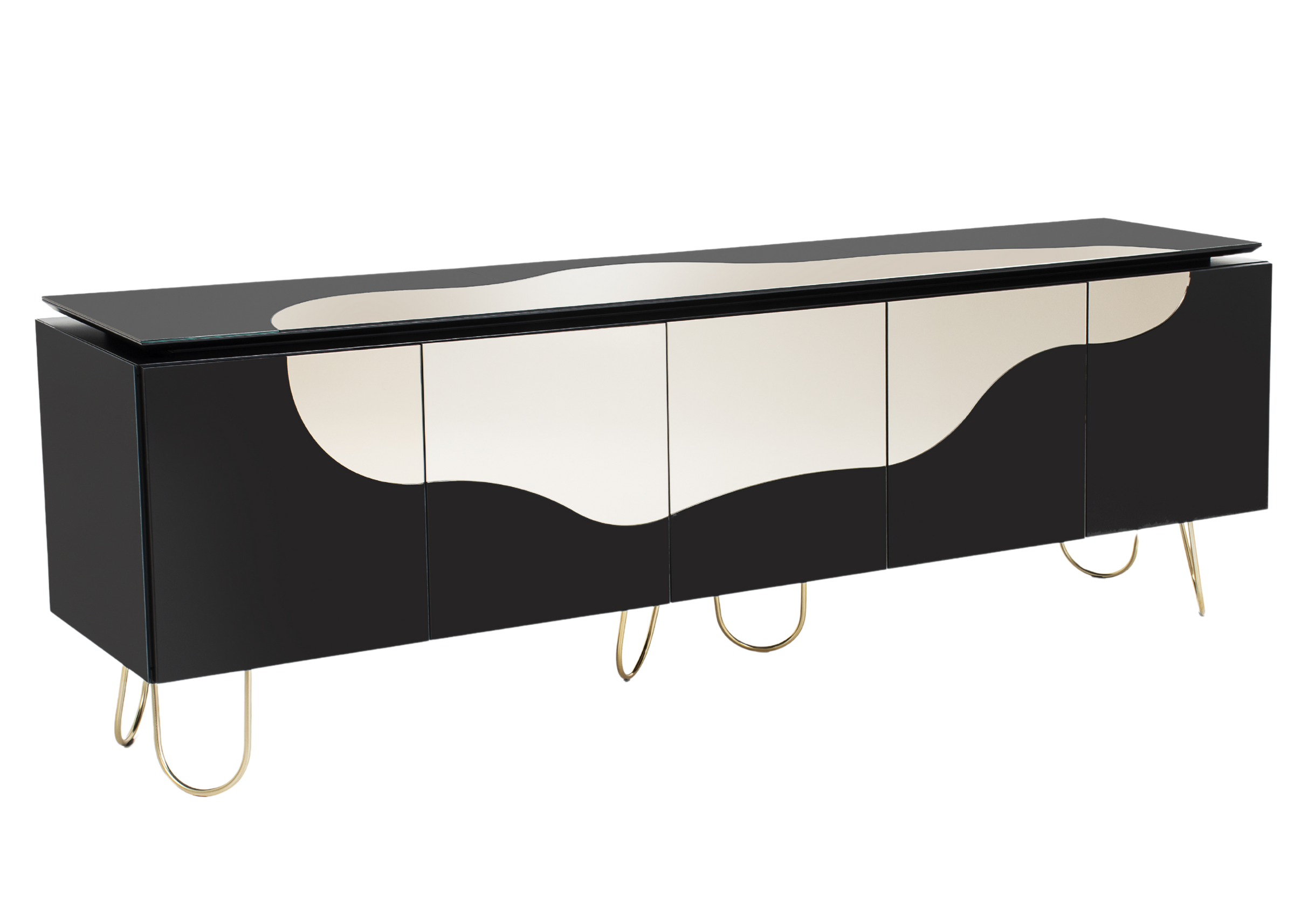 Buffet Amadeo espelhado com estética contemporânea, ideal para compor ambientes sofisticados.