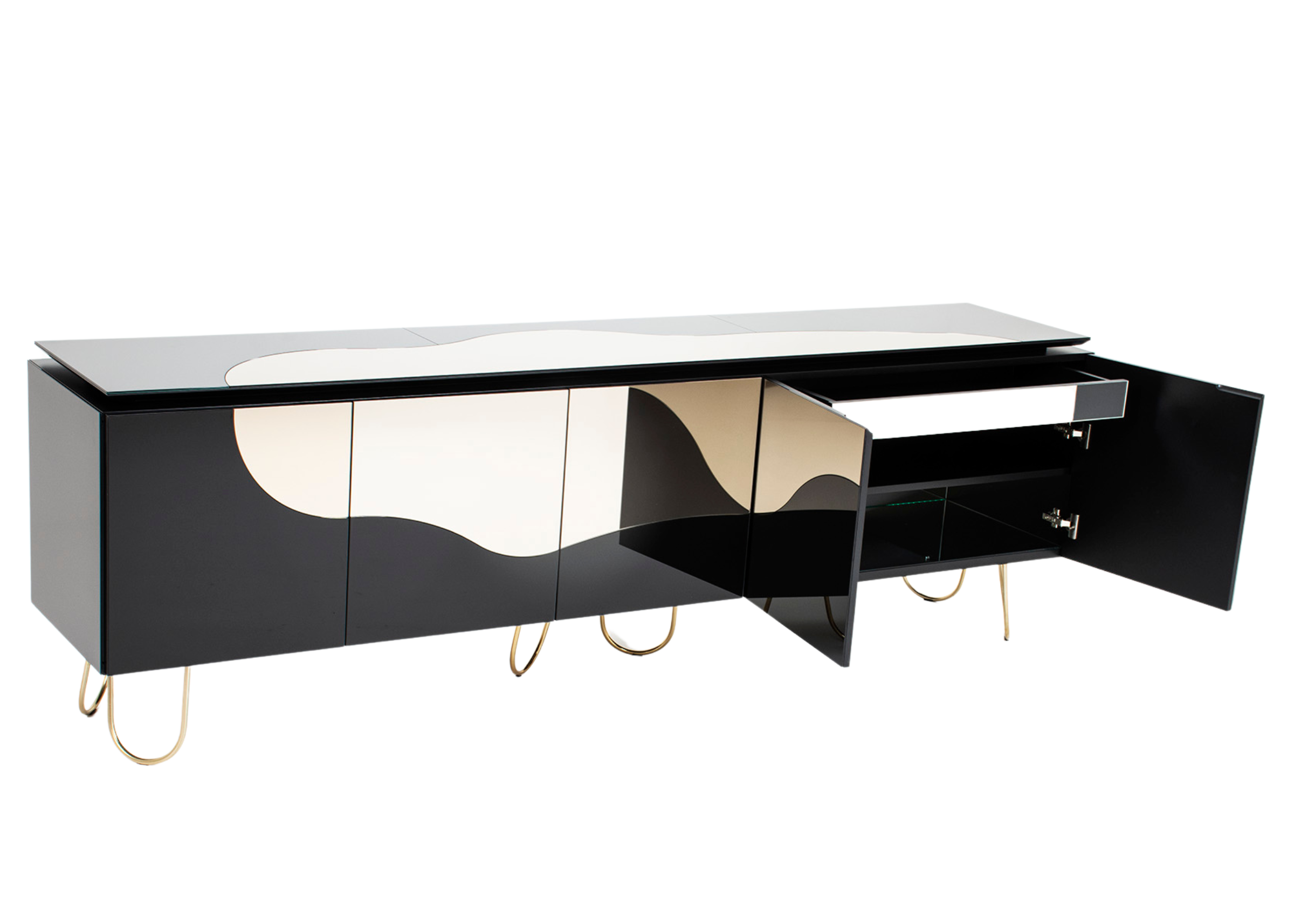 Buffet Amadeo espelhado com detalhes perfeitos que realçam a sofisticação do ambiente.