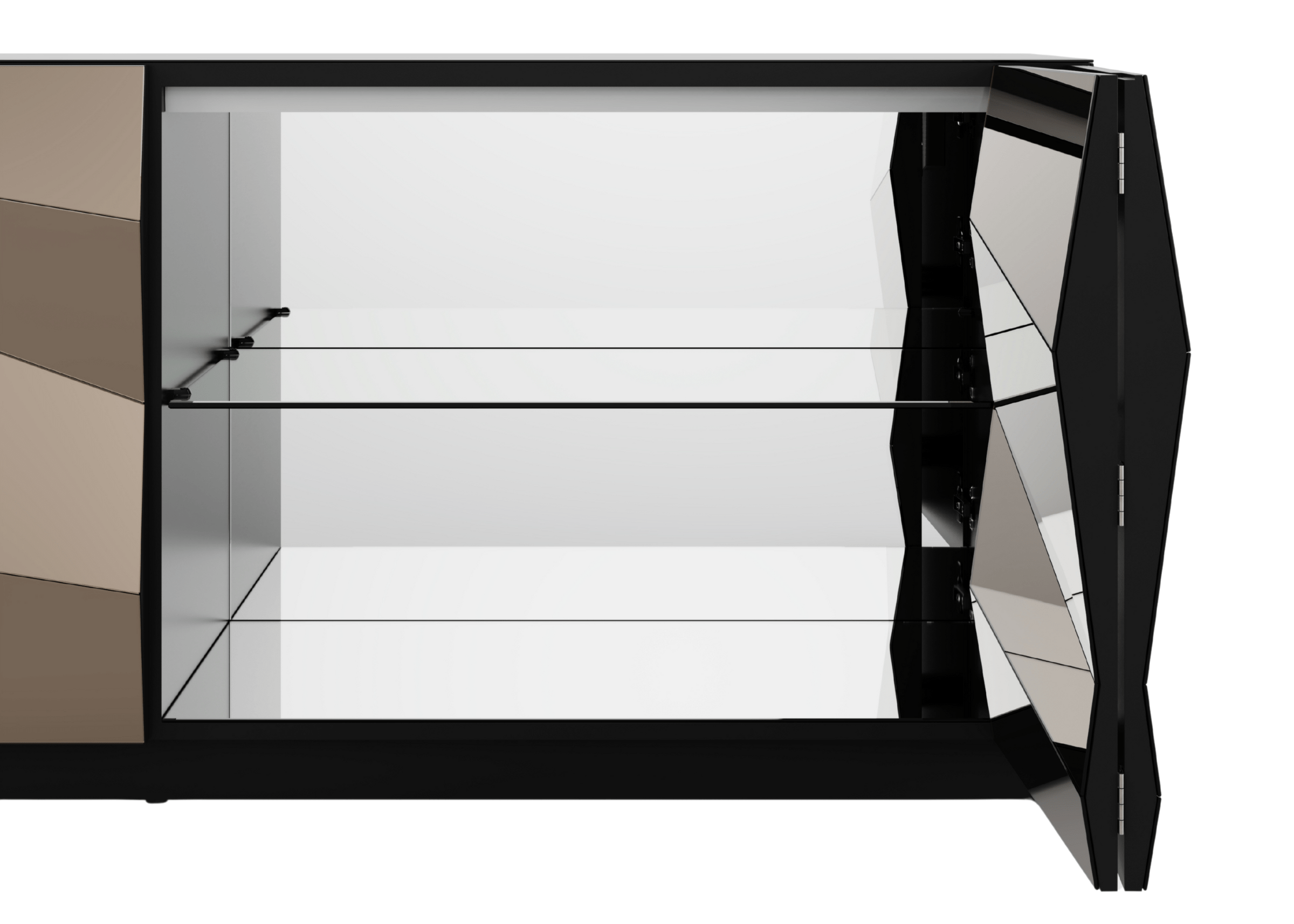 Buffet Olimpo espelhado com detalhes elegantes que valorizam a sofisticação do ambiente.