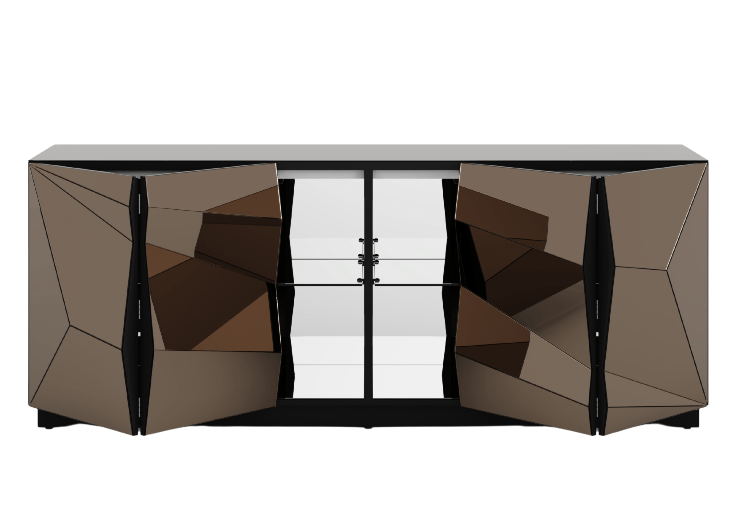 Buffet Olimpo espelhado com design sofisticado e presença de protagonista na decoração.