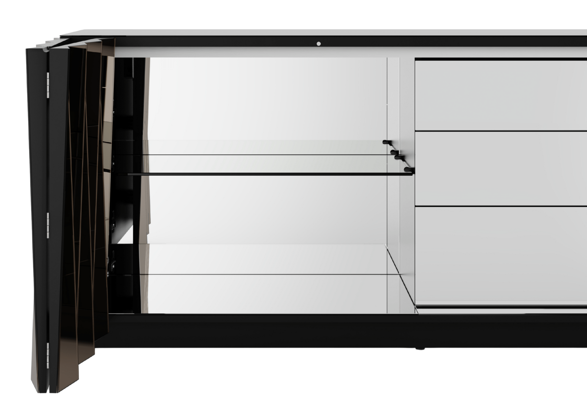 Buffet Ophelia espelhado com gavetas elegantes, combinando funcionalidade e beleza para valorizar o ambiente.