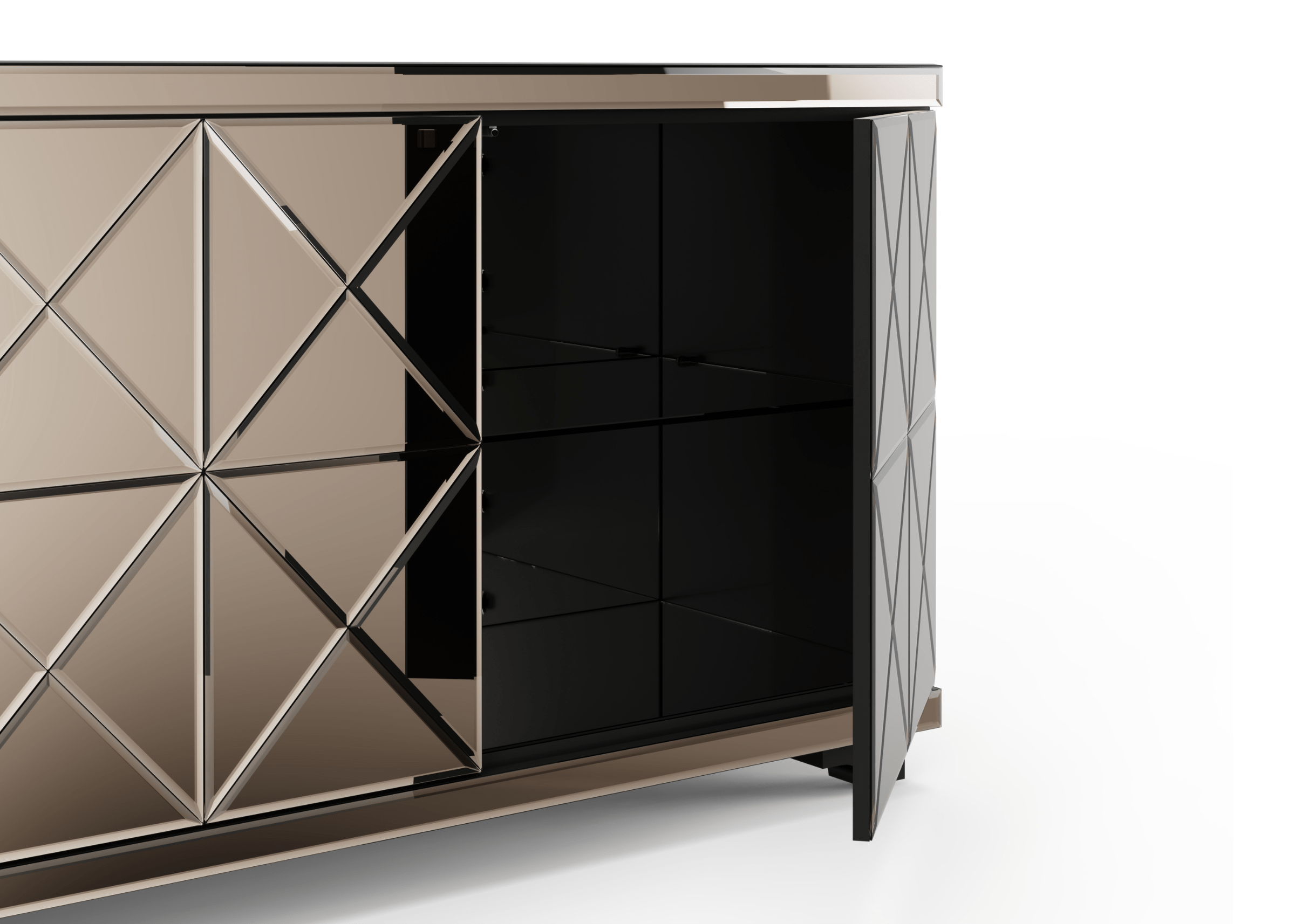 Buffet Opulence espelhado com design que transmite harmonia e sofisticação ao ambiente.