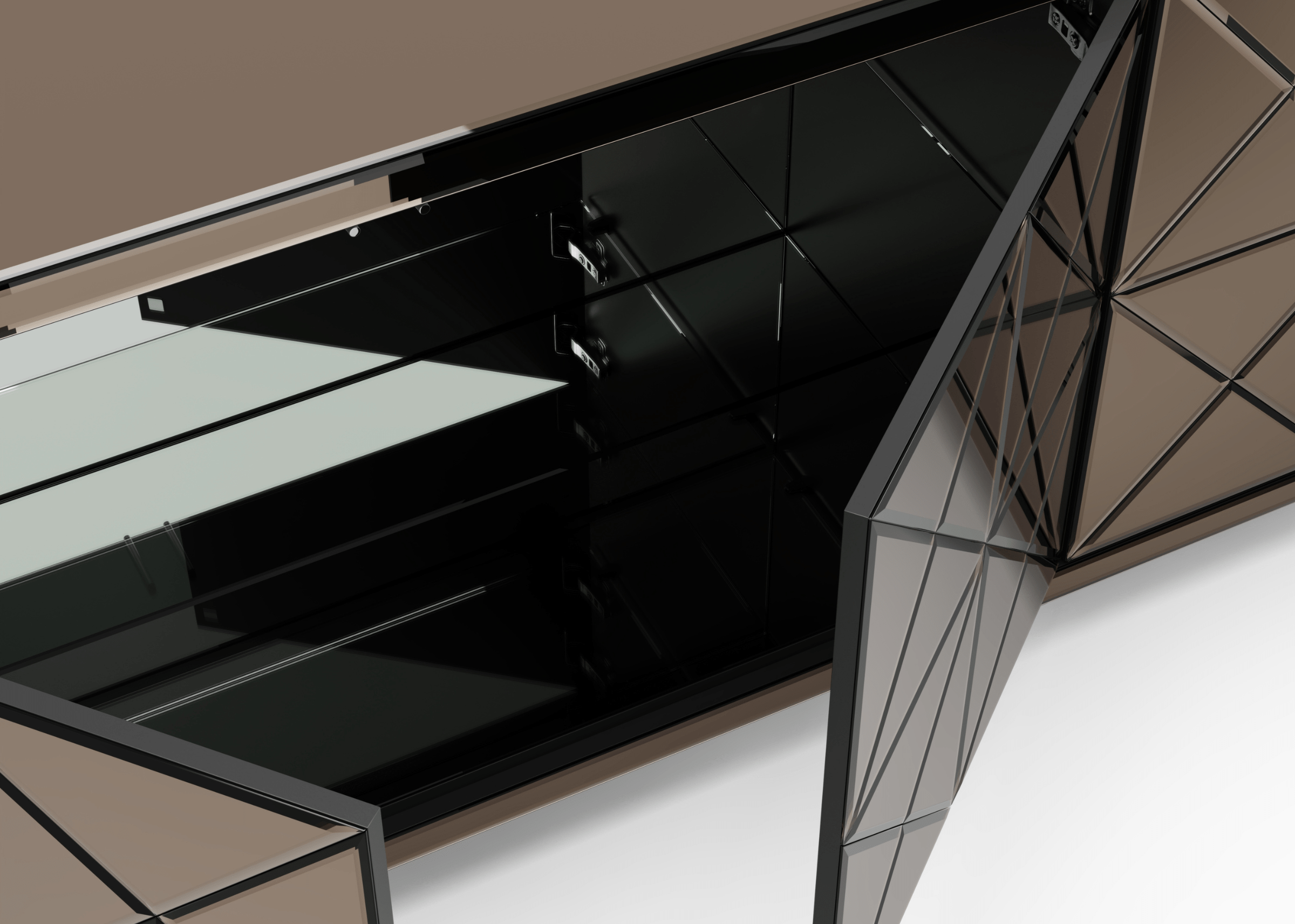 Buffet Opulence espelhado com acabamento impecável que impressiona pela sofisticação e presença marcante.