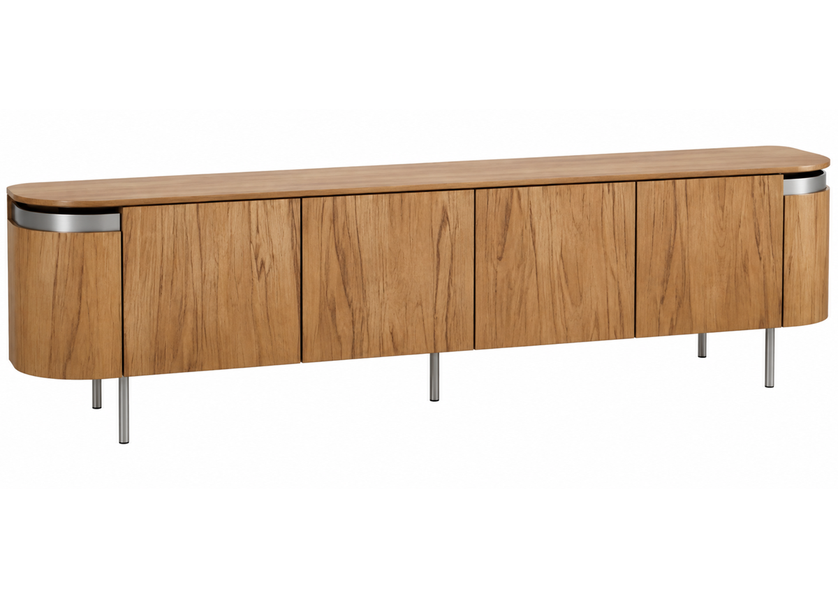Buffet Lisias com acabamento em lâmina de madeira e base em aço carbono, apresentando design elegante e sofisticado, ideal para compor ambientes modernos e refinados.